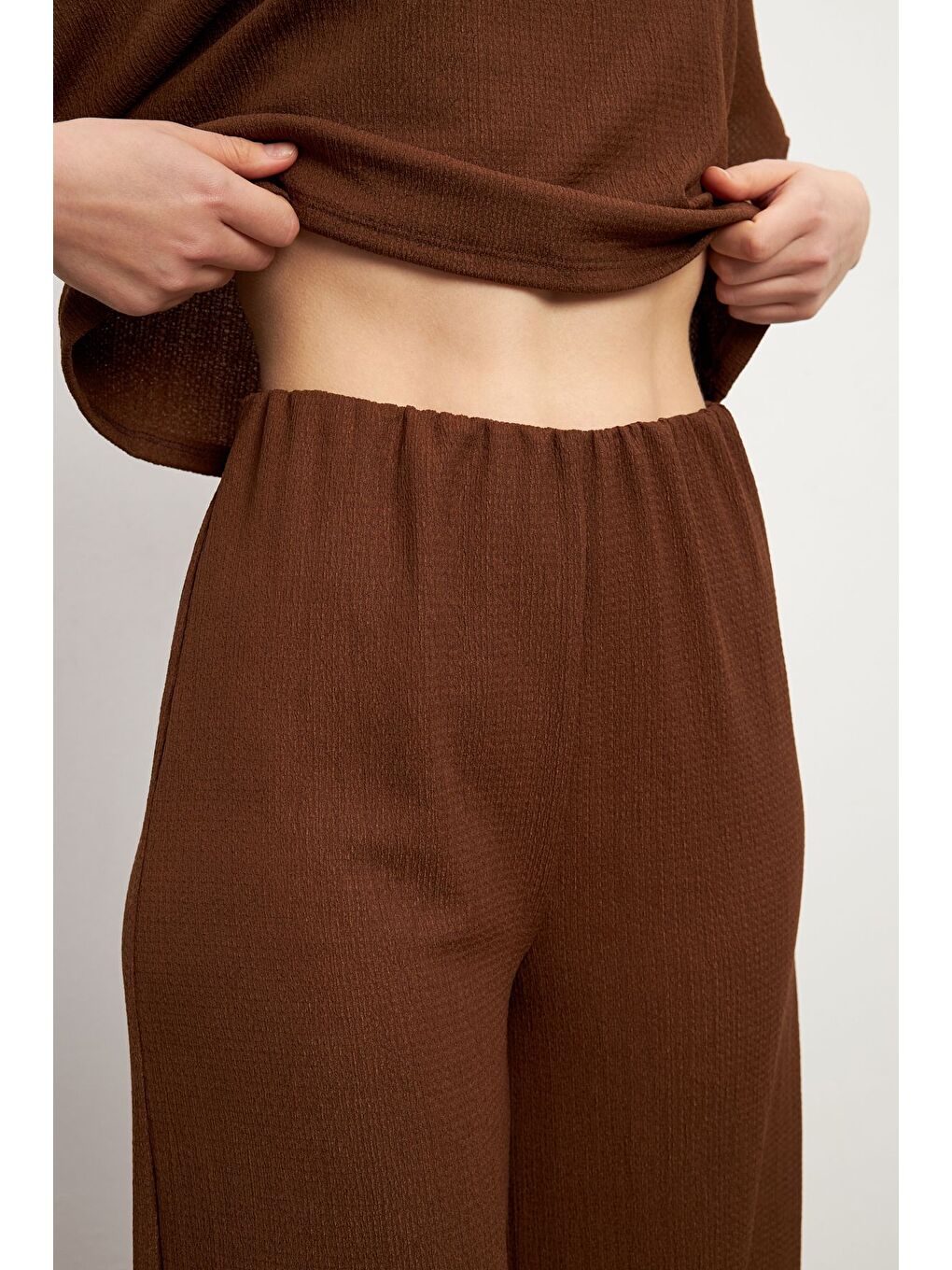 Kadın Kahverengi Kısa Kollu Krinkıl Pantolon Takım-4