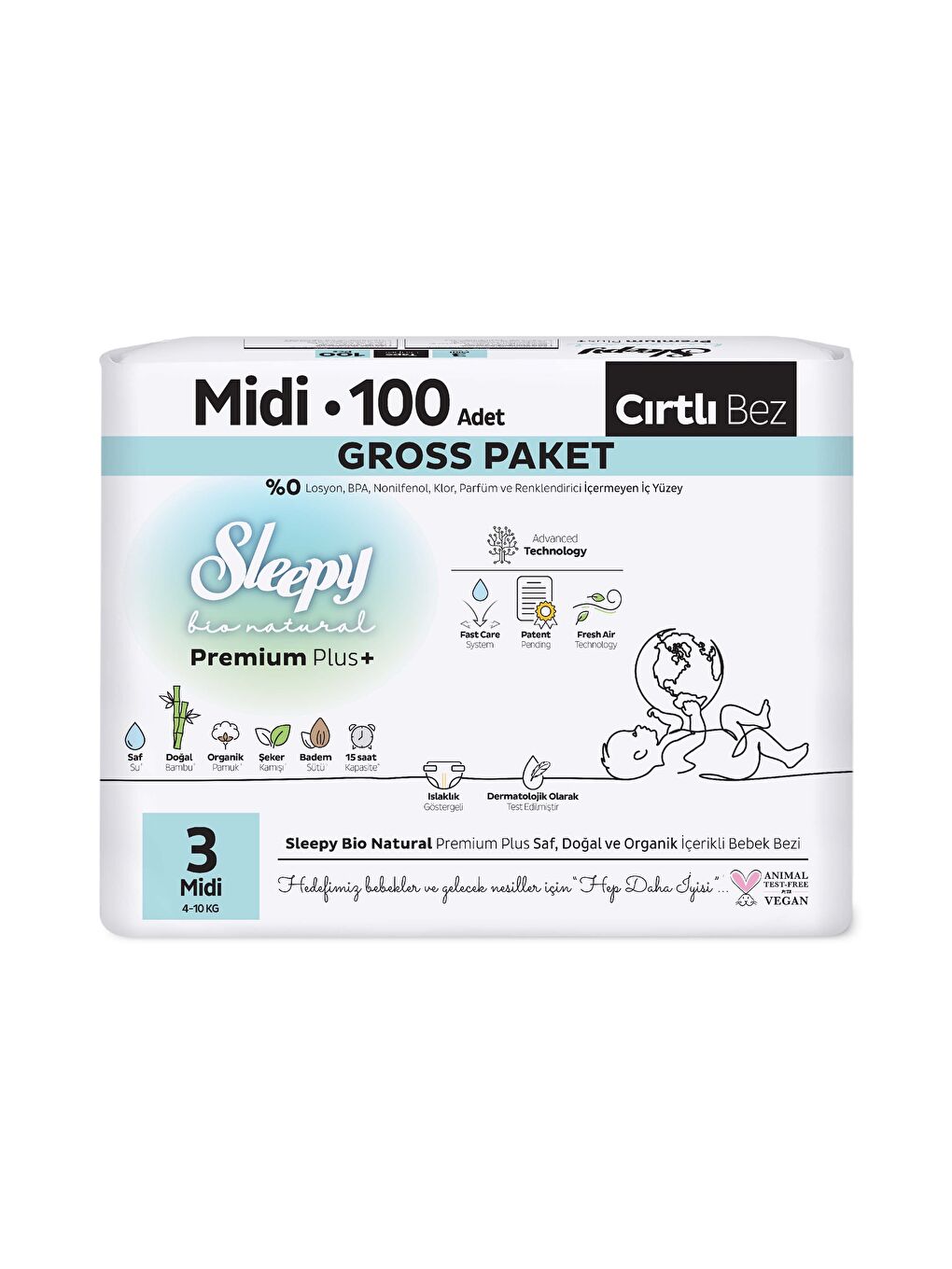 Bio Natural Premium Plus Gross Paket Bebek Bezi 3 Numara Midi 100 Adet-1