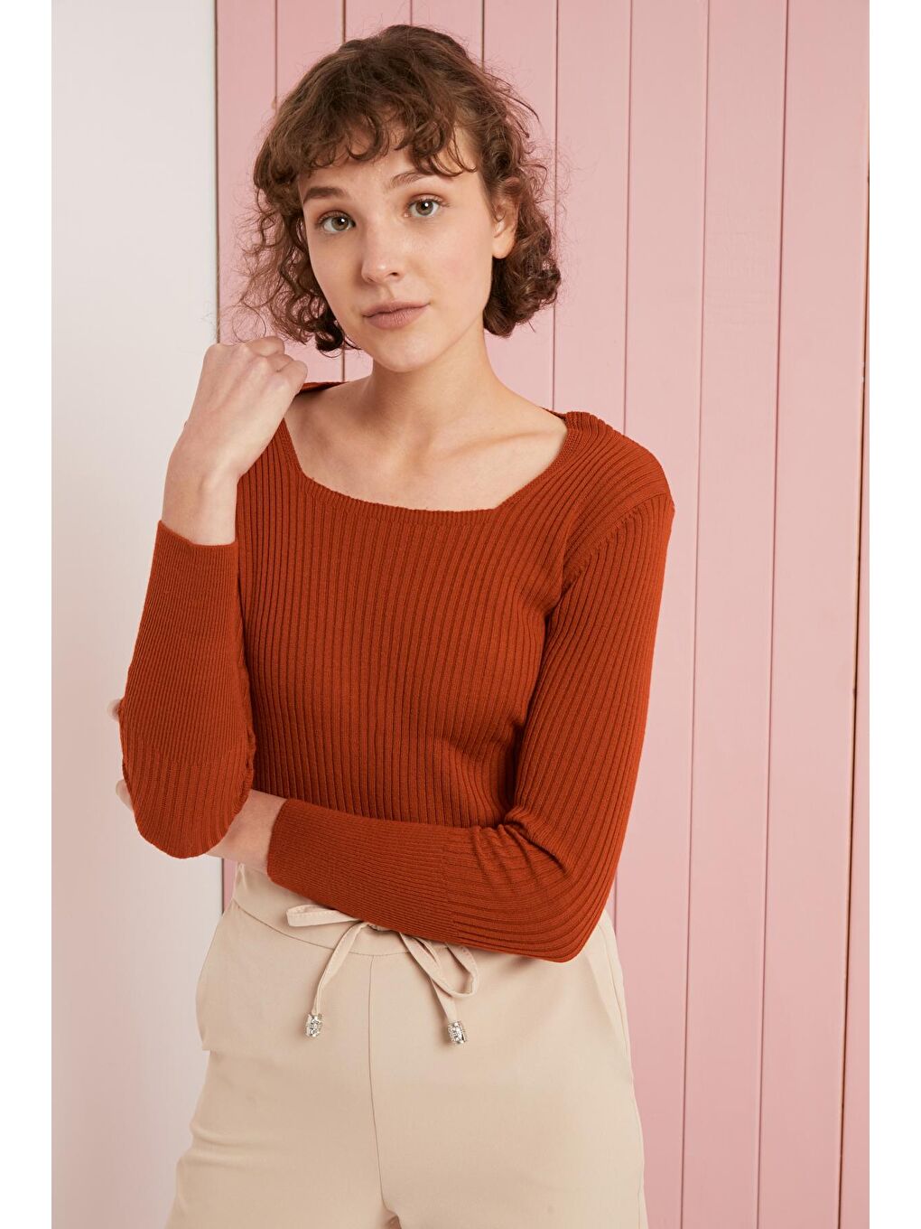 Kahverengi Kadın Taba Kare Yaka Fitilli Dar Kalıp Basic Kazak-3