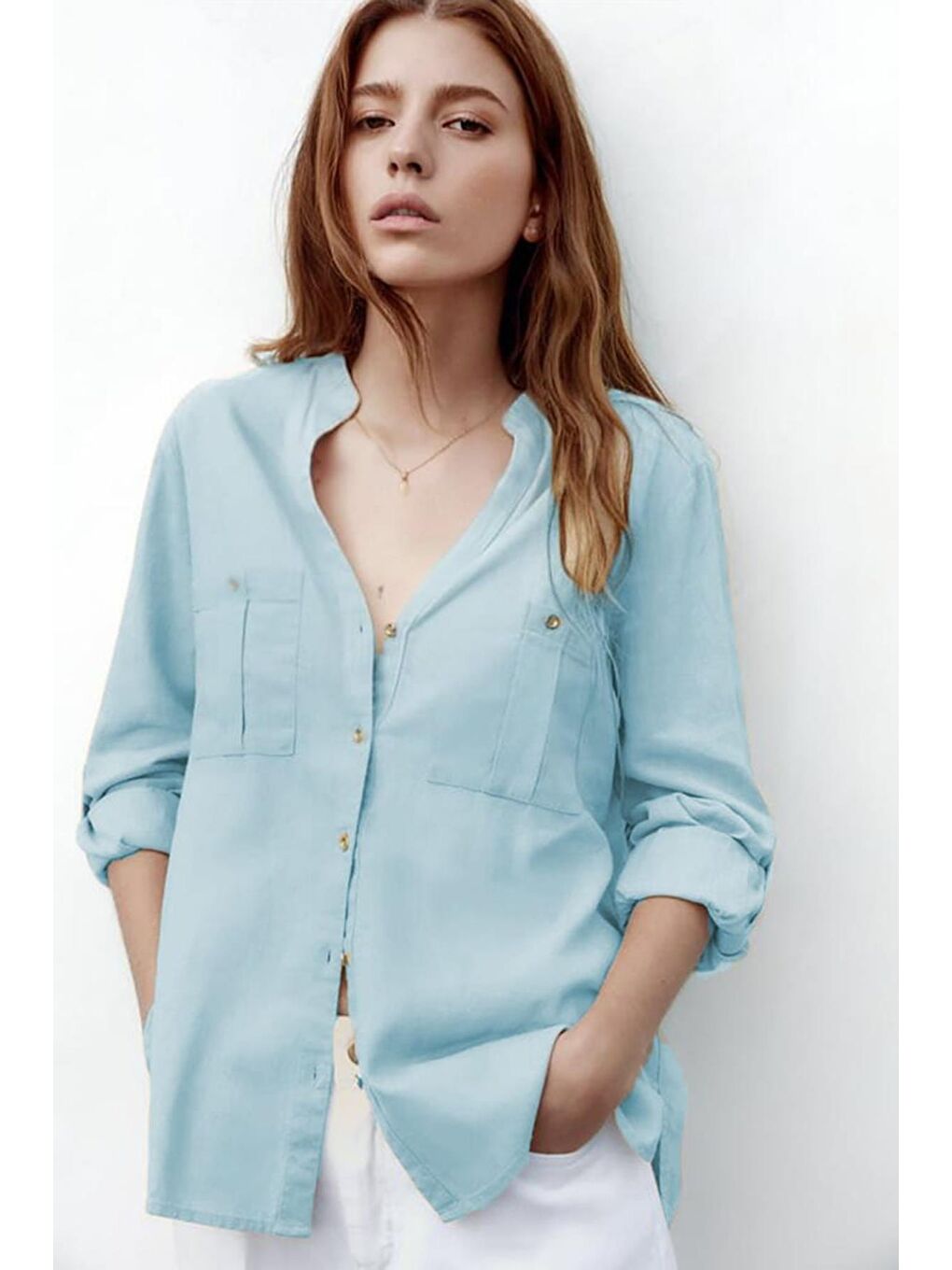 Mavi Kıvrık Kollu Keten Görünümlü Kadın Gömlek Mg1847
