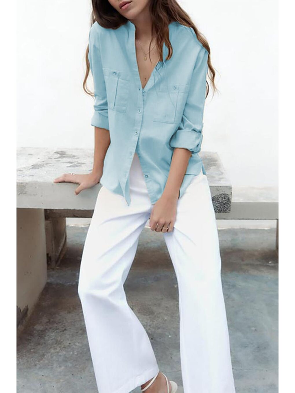Mavi Kıvrık Kollu Keten Görünümlü Kadın Gömlek Mg1847-1