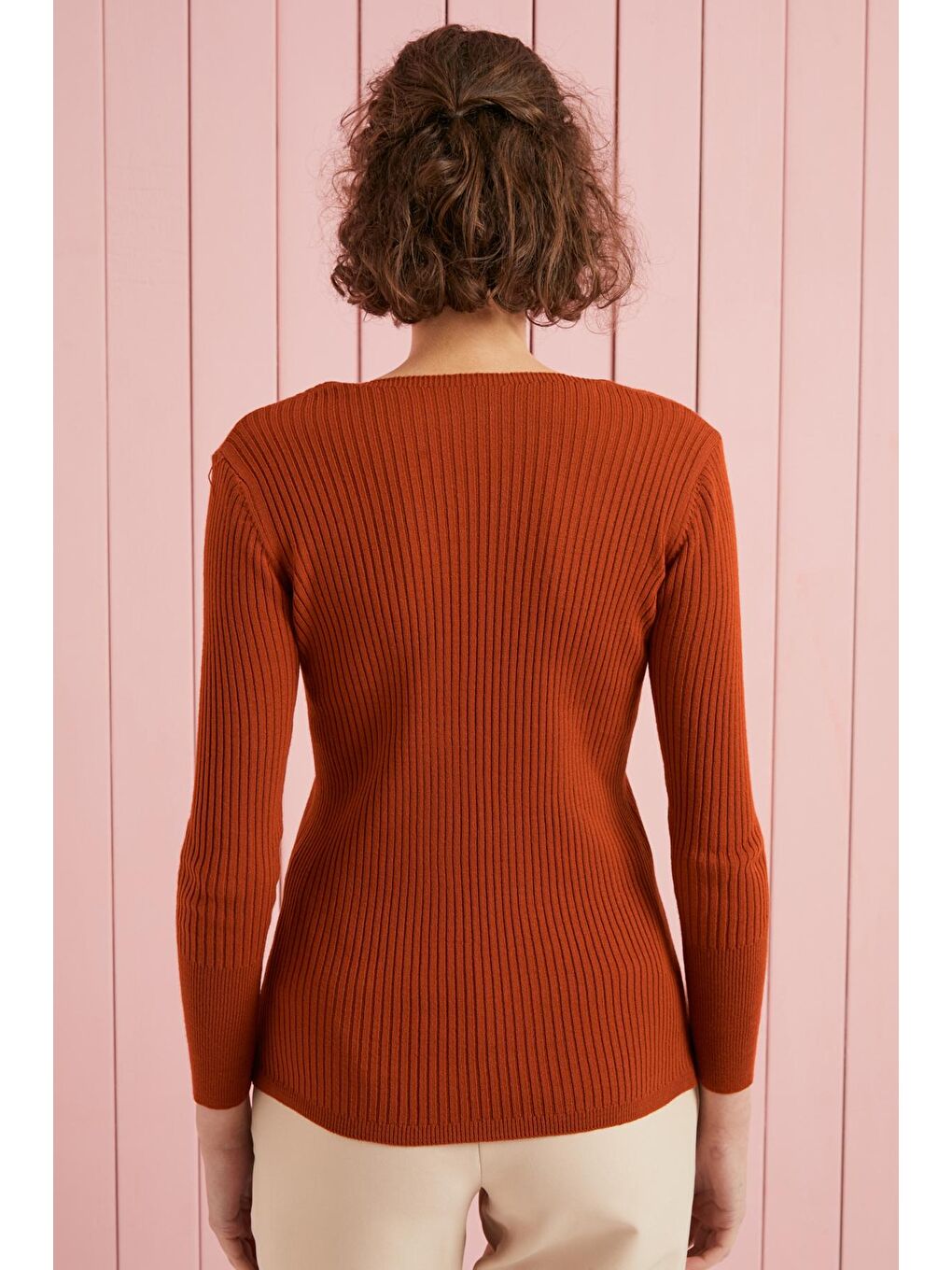 Kahverengi Kadın Taba Kare Yaka Fitilli Dar Kalıp Basic Kazak-4