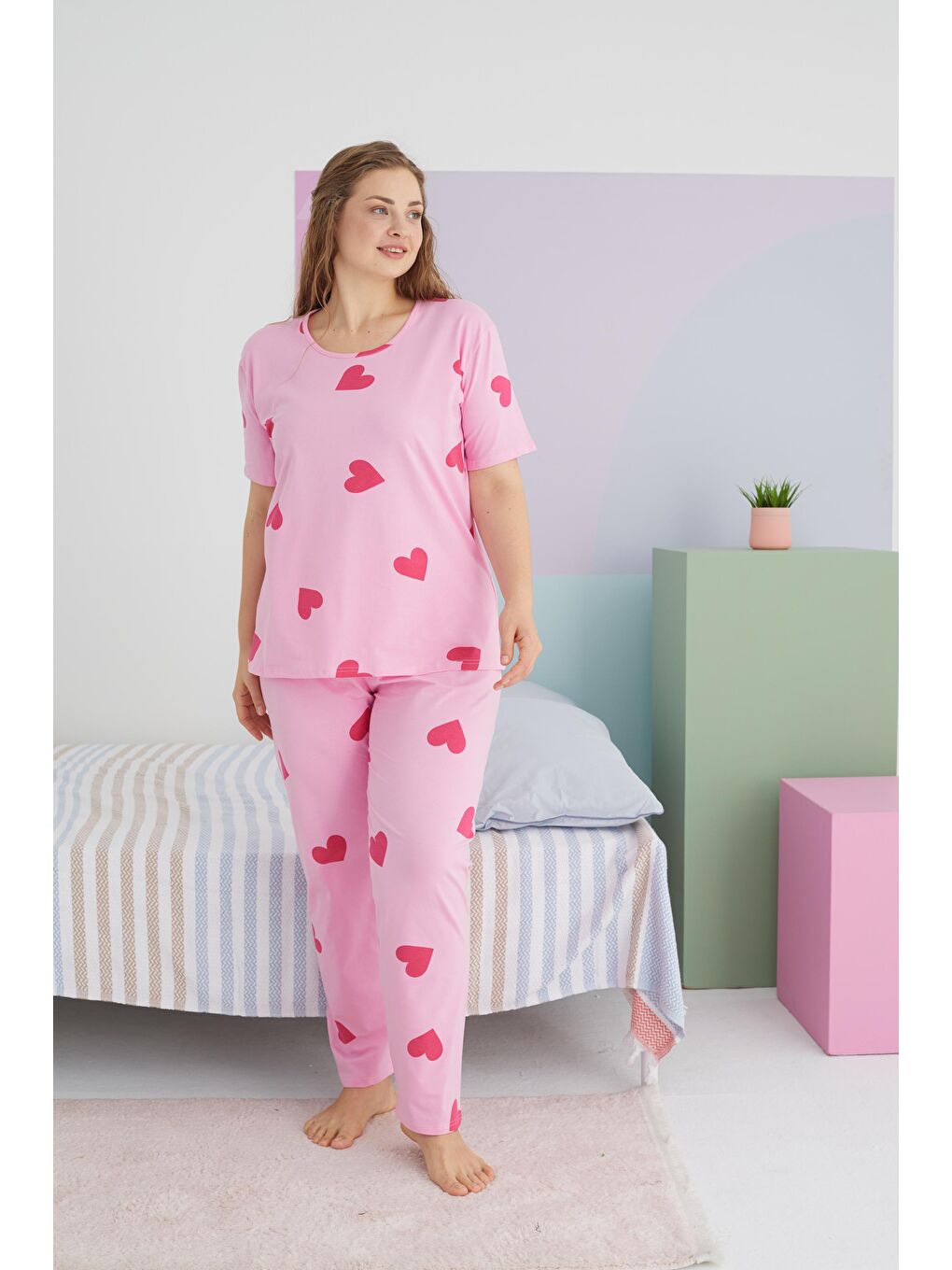 Pembe Curve Büyük Beden Pamuklu Örme Pijama Takımı