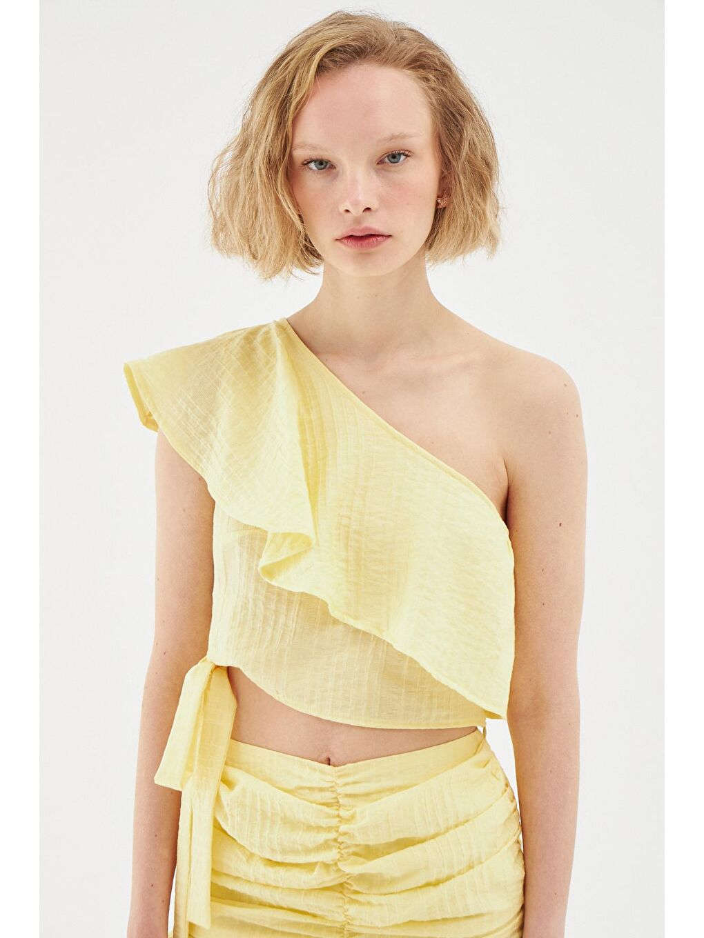 Tek Omuz Bağlamalı Bluz Sarı-2