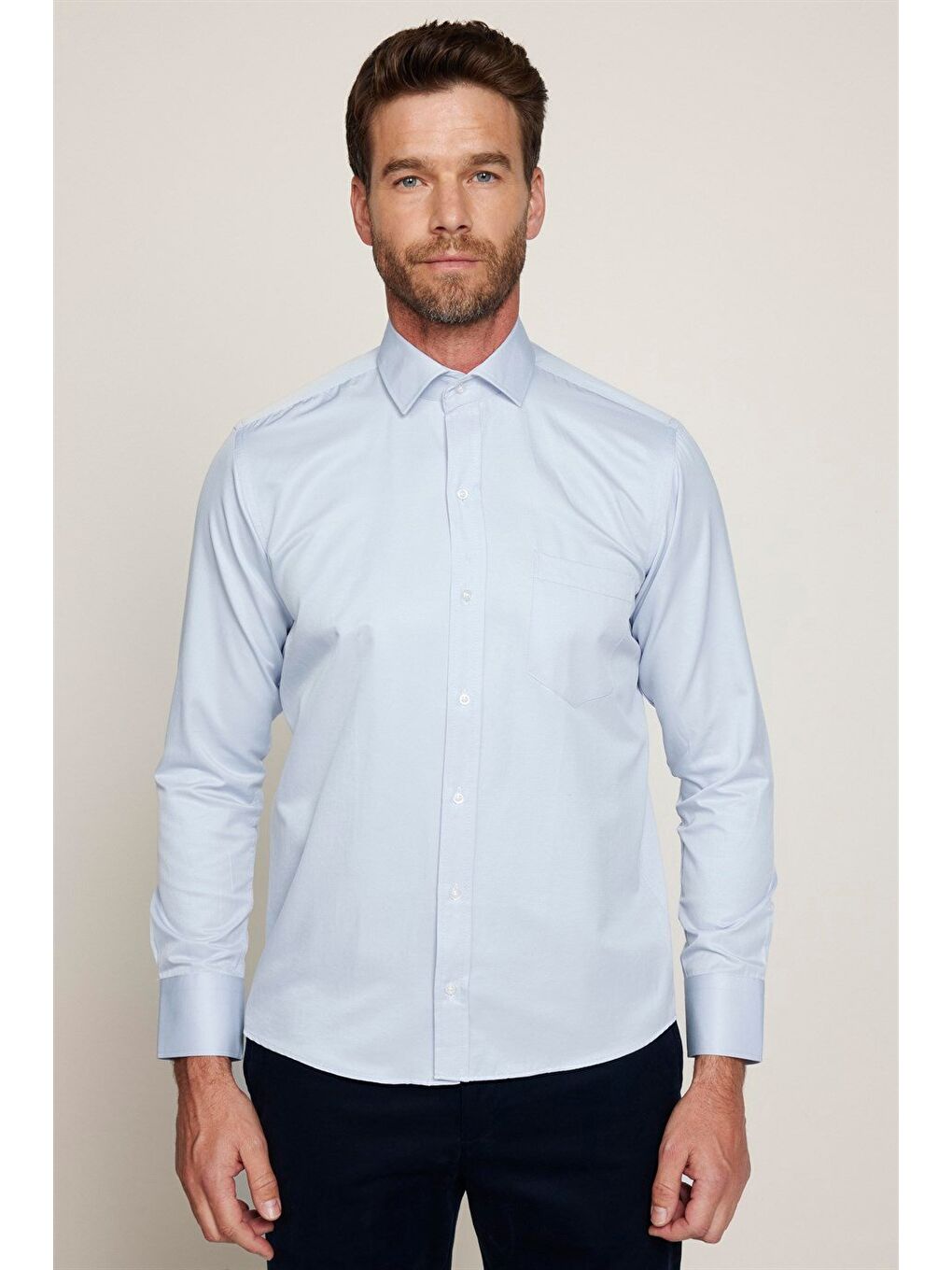 Erkek Regular Fit Klasik Kesim Pamuklu Düz Mavi Gömlek-1