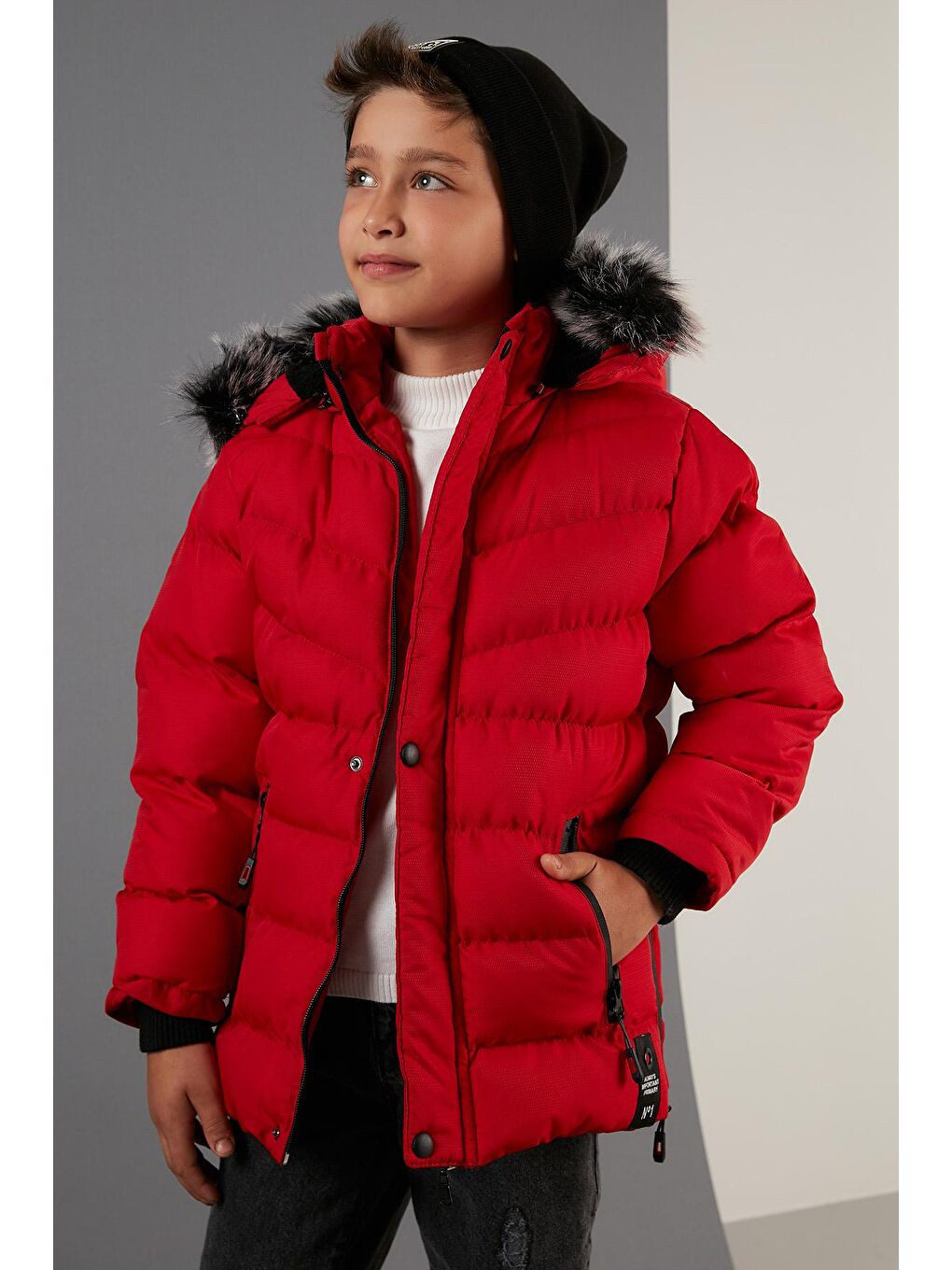 Kırmızı Suni Kürklü Peluş Astarlı Çıkarılabilir Kapüşonlu Mont 5763028