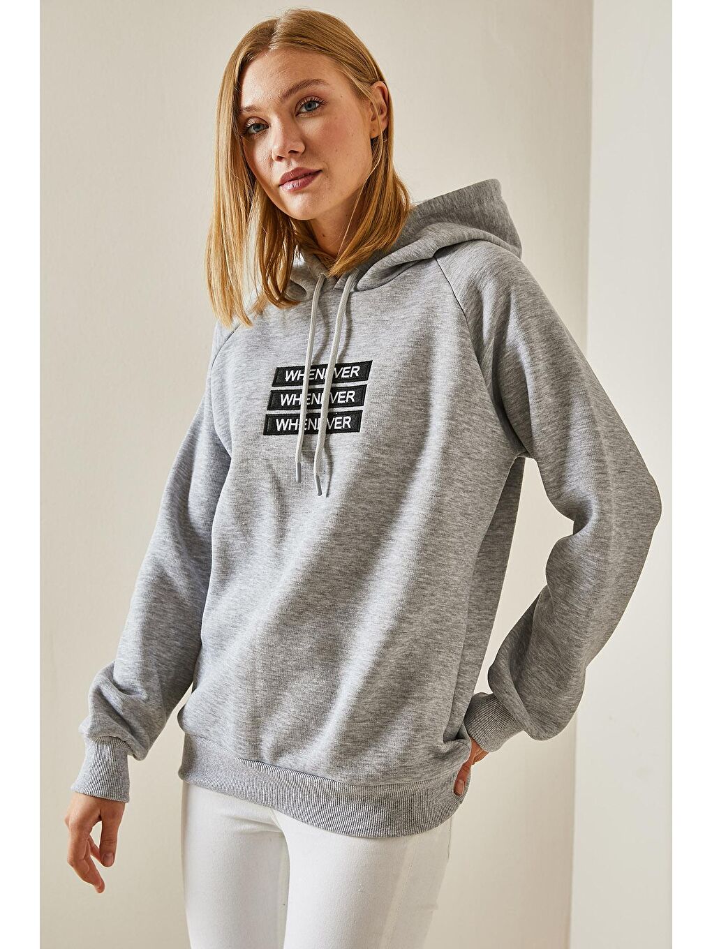 XHAN Gri Yazı Detaylı Şardonlu Kapüşonlü Sweatshirt 4KXK8-47597-03 - 3