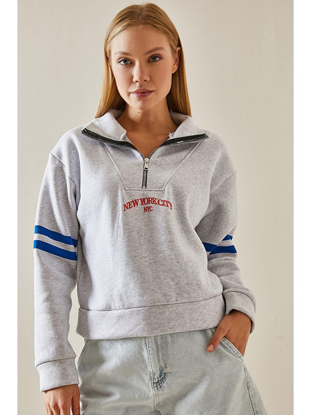 Gri Fermuar Detaylı Baskılı Sweatshirt 4KXK8-47608-03-1