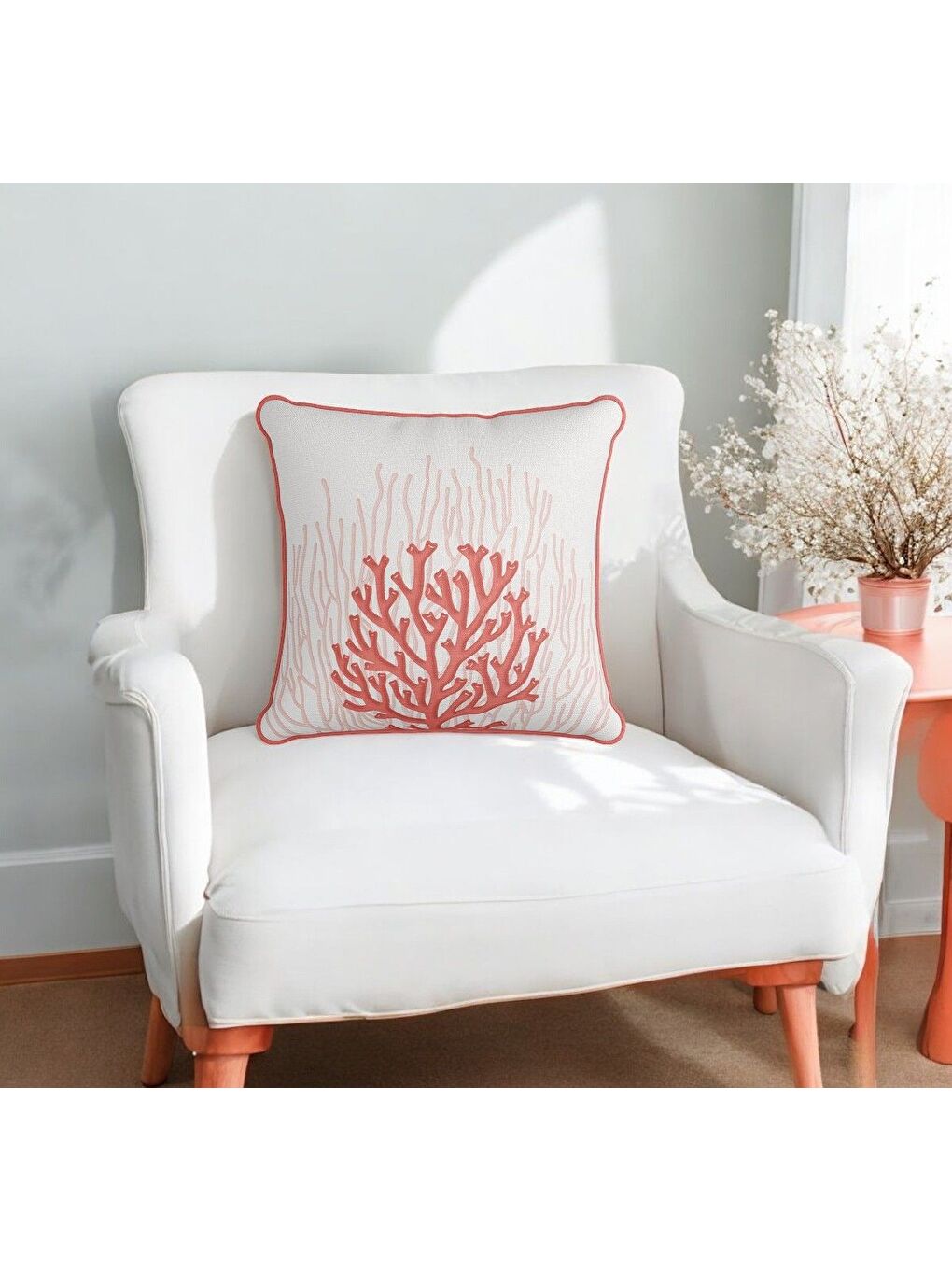 Mercan Desen Pembe Biyeli Dekoratif Kırlent Kılıfı 43x43-1