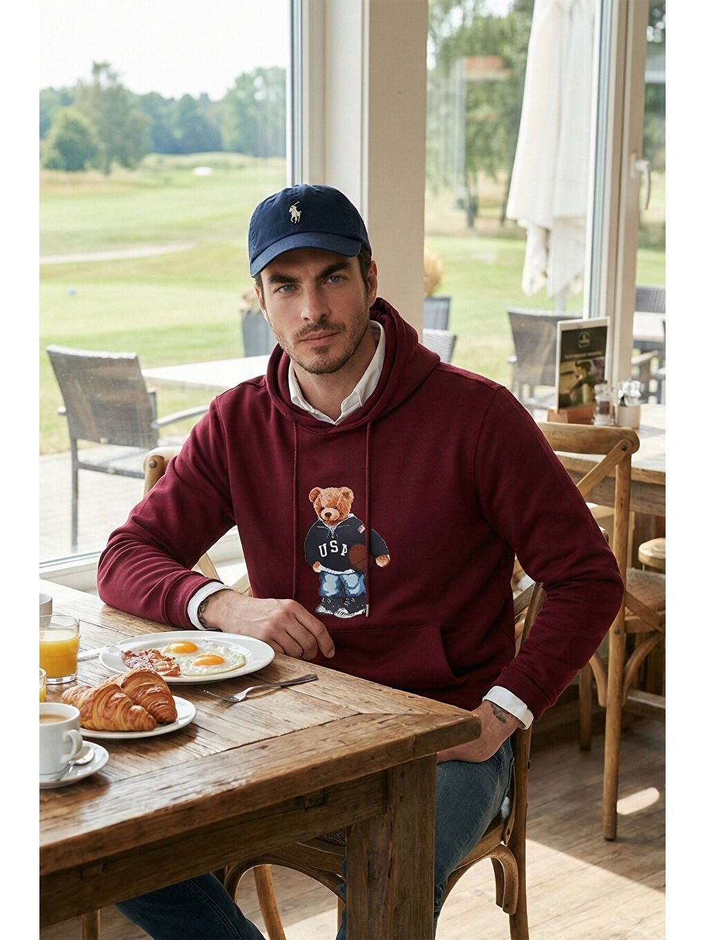 Bordo Baskılı Pamuklu Kapüşonlu Yaka Kanguru Cepli Sweat 6141003B-1