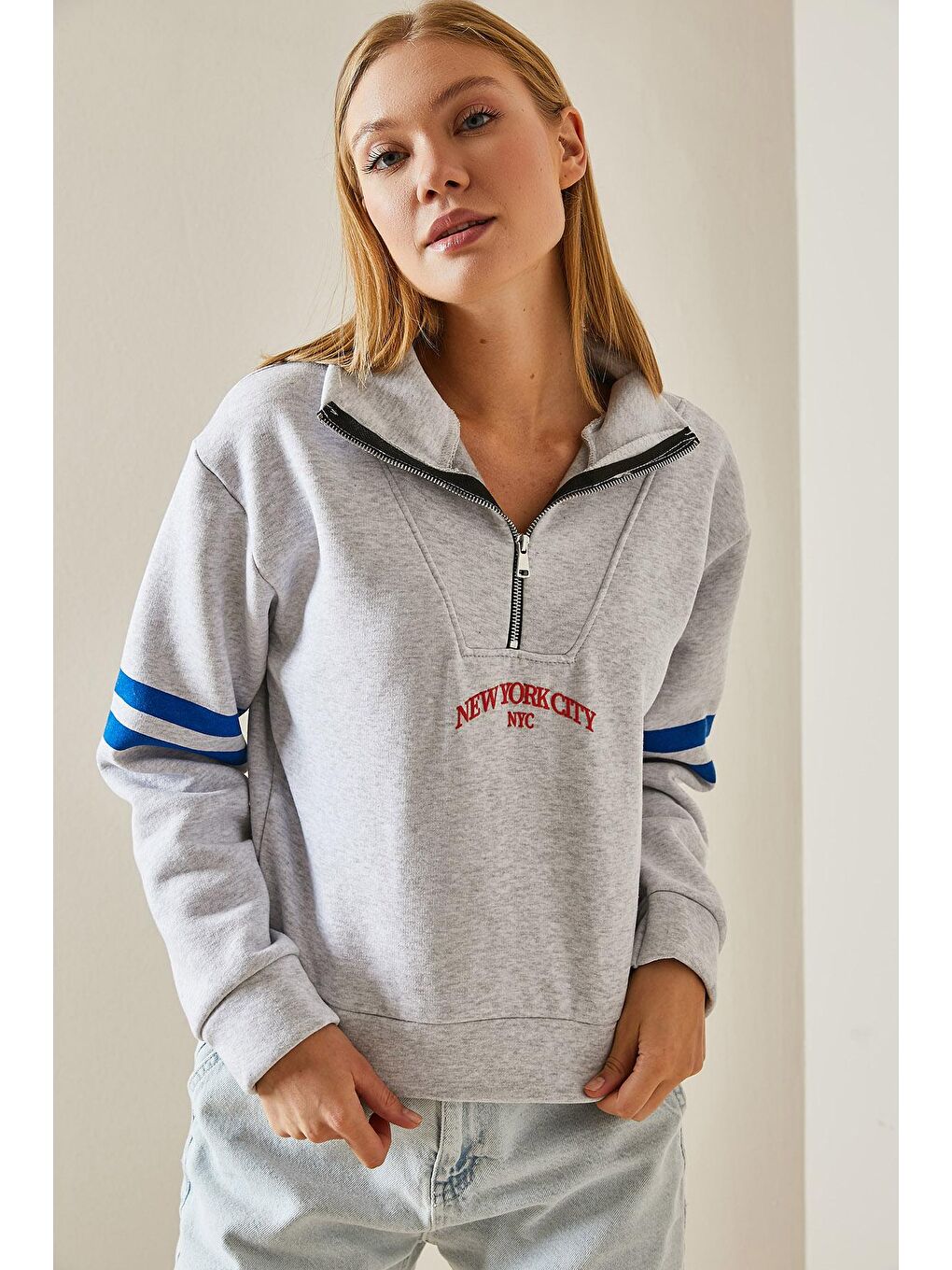 Gri Fermuar Detaylı Baskılı Sweatshirt 4KXK8-47608-03-4