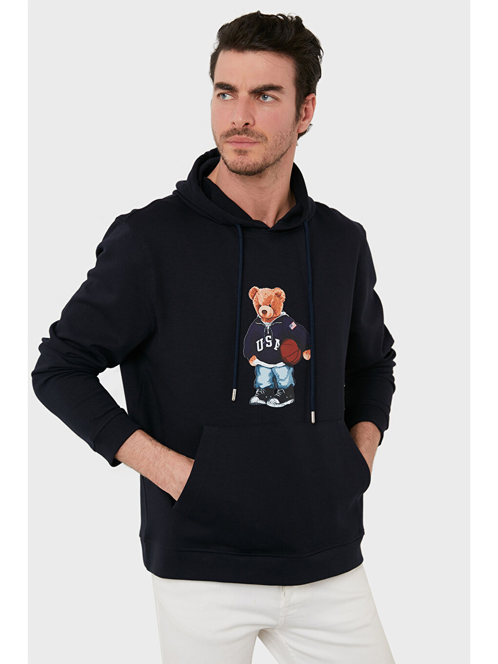 Lacivert Baskılı Pamuklu Kapüşonlu Yaka Kanguru Cepli Sweat 6141003B-3