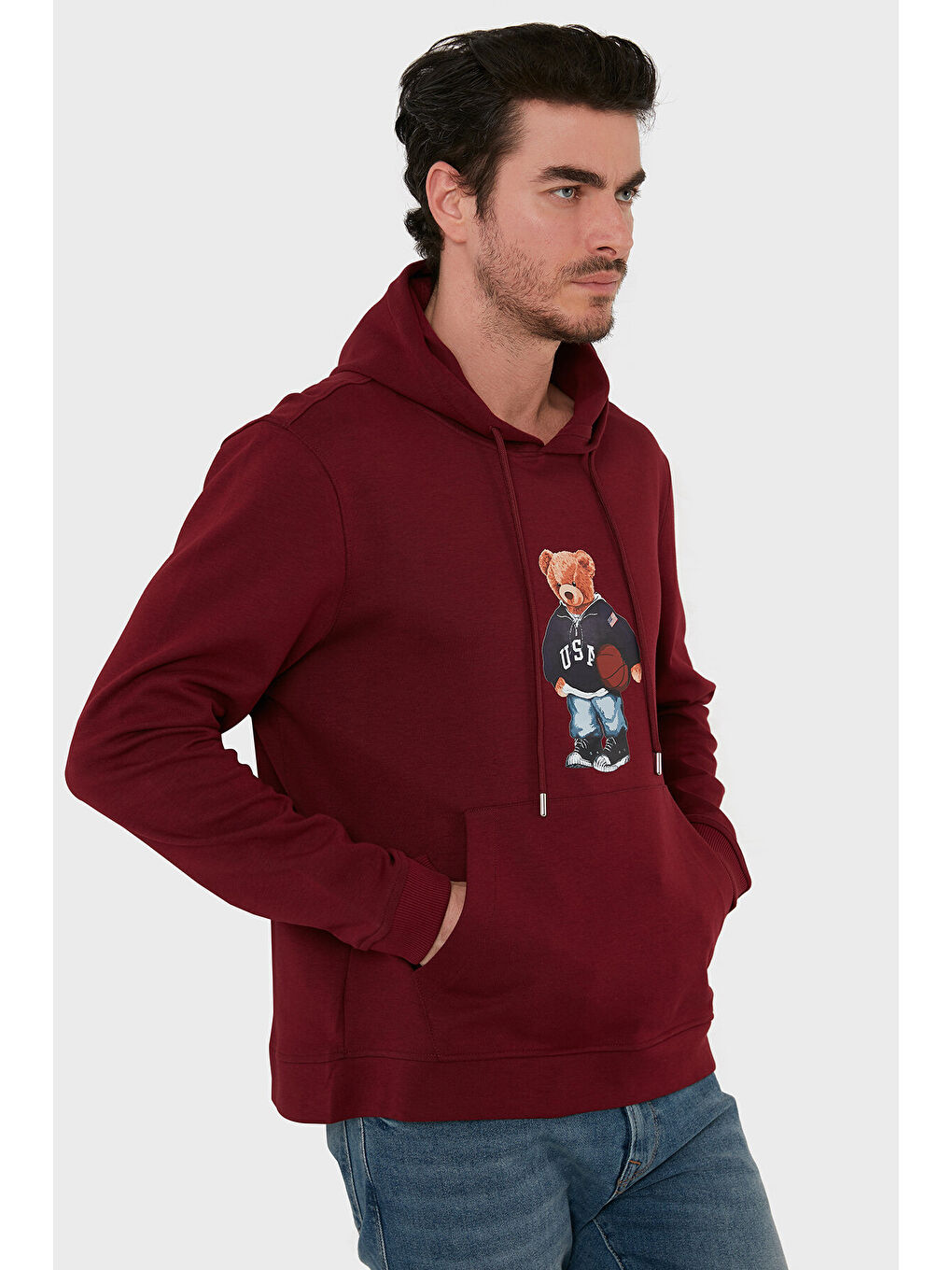 Bordo Baskılı Pamuklu Kapüşonlu Yaka Kanguru Cepli Sweat 6141003B-2