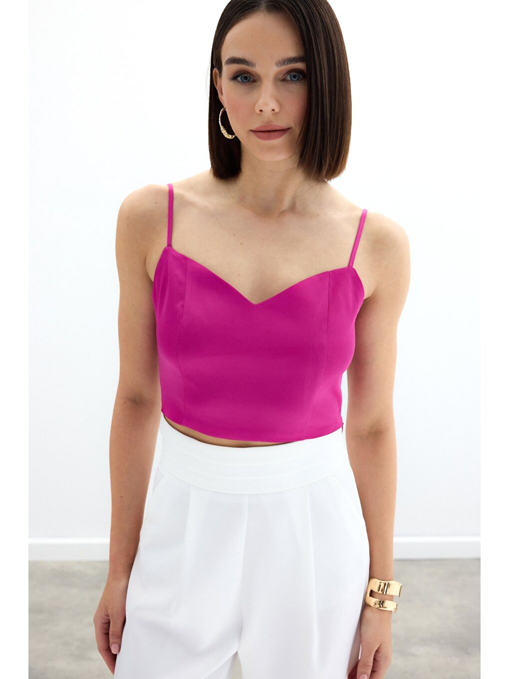 İp Askılı Saten Crop Bluz - Fuşya