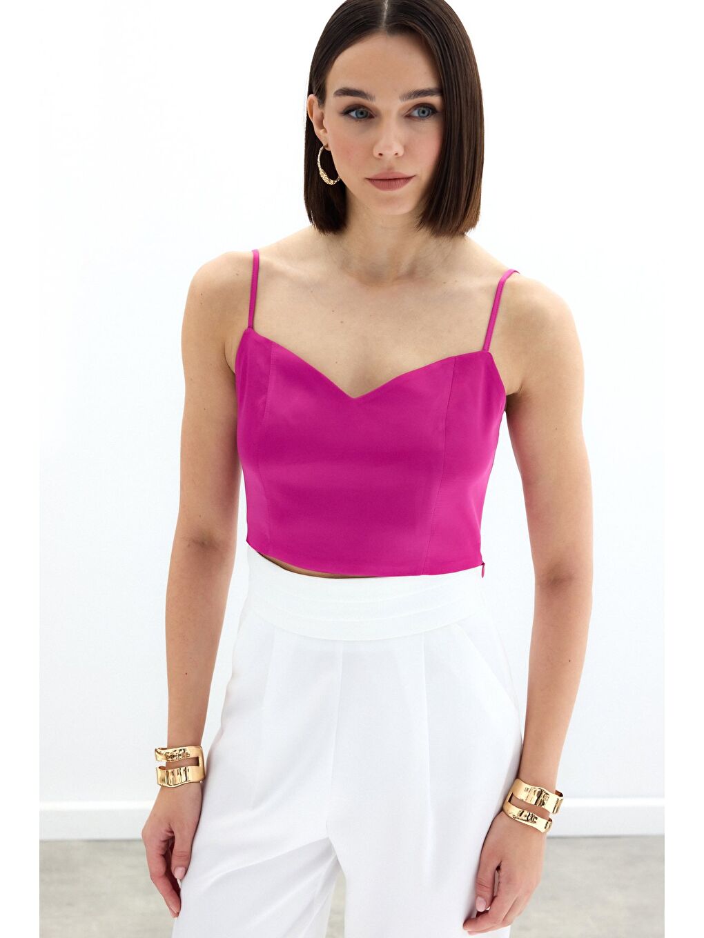 İp Askılı Saten Crop Bluz - Fuşya-1