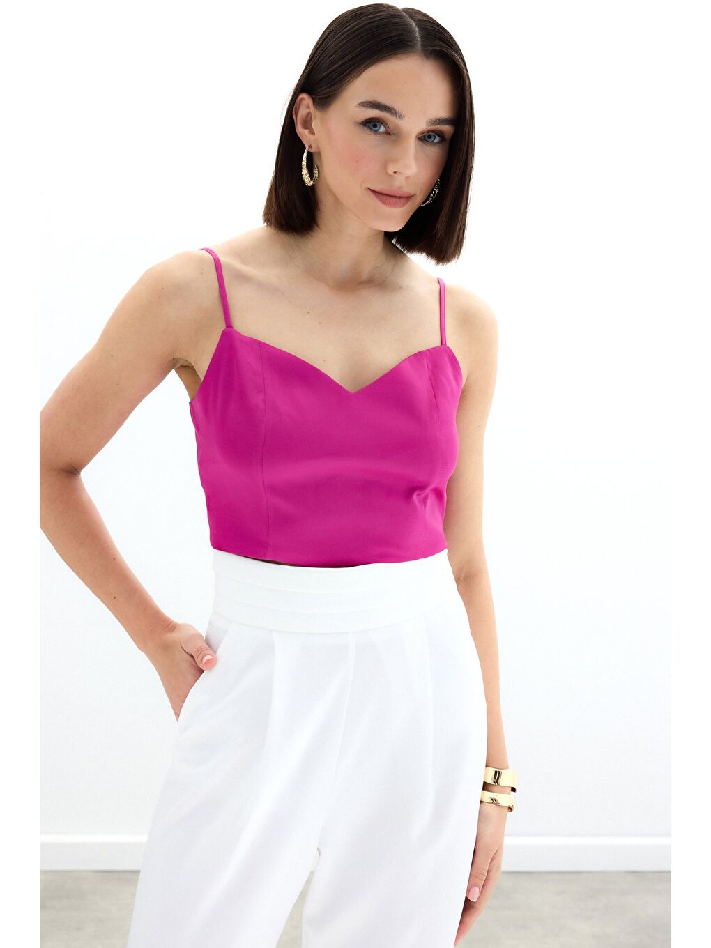 İp Askılı Saten Crop Bluz - Fuşya-2