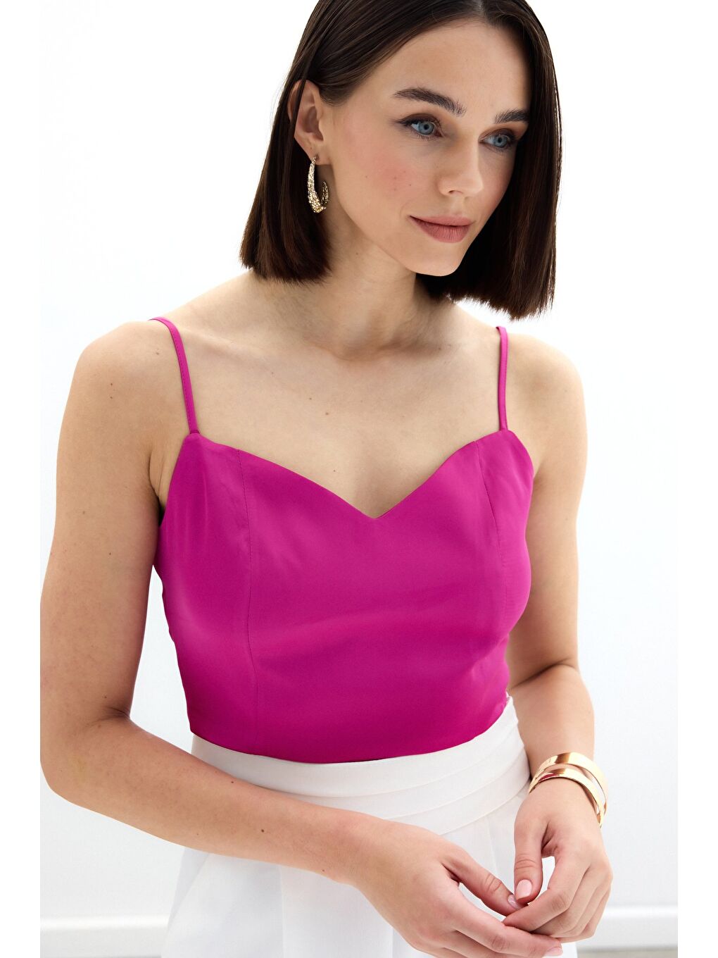 İp Askılı Saten Crop Bluz - Fuşya-3