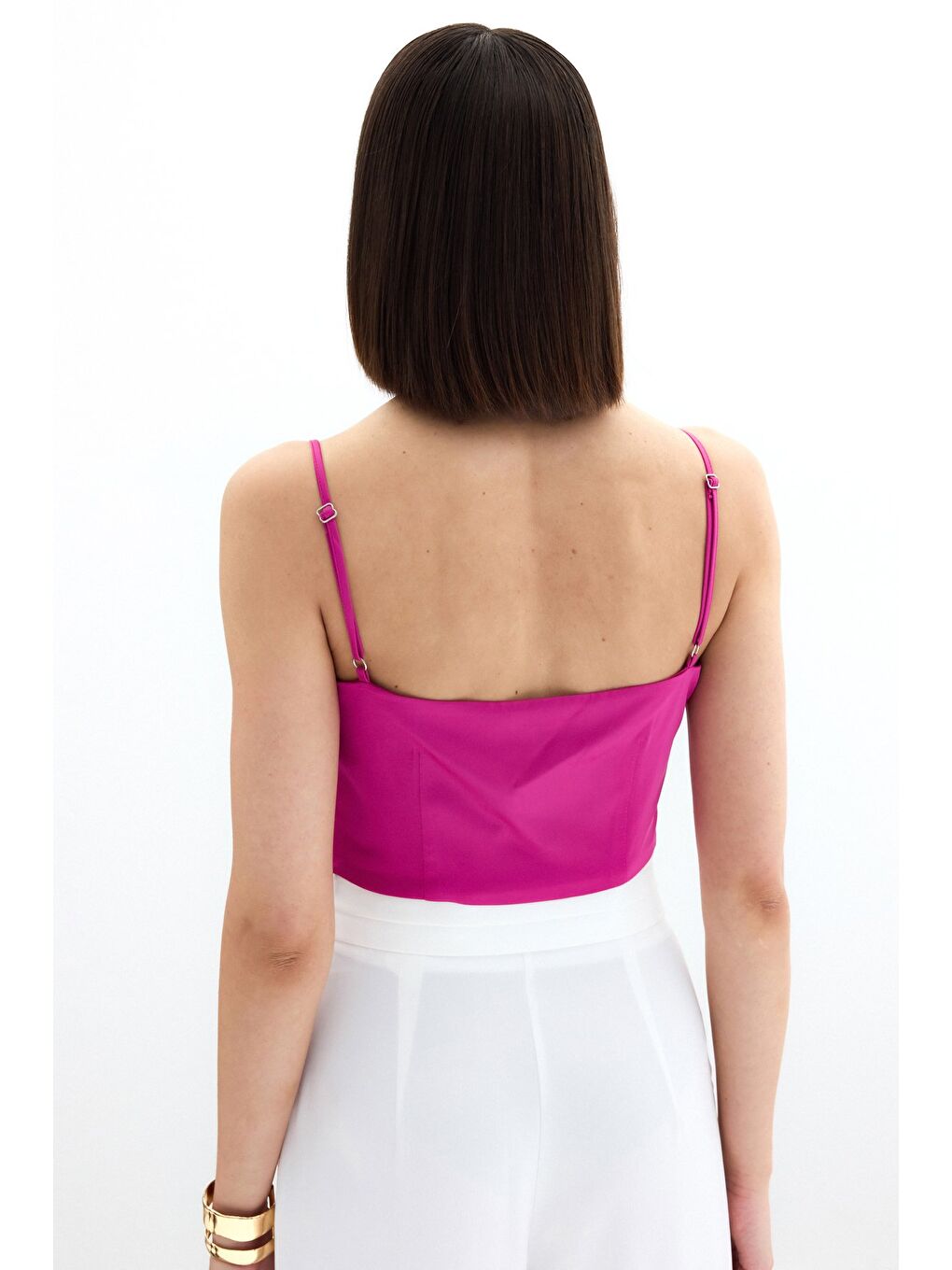İp Askılı Saten Crop Bluz - Fuşya-4