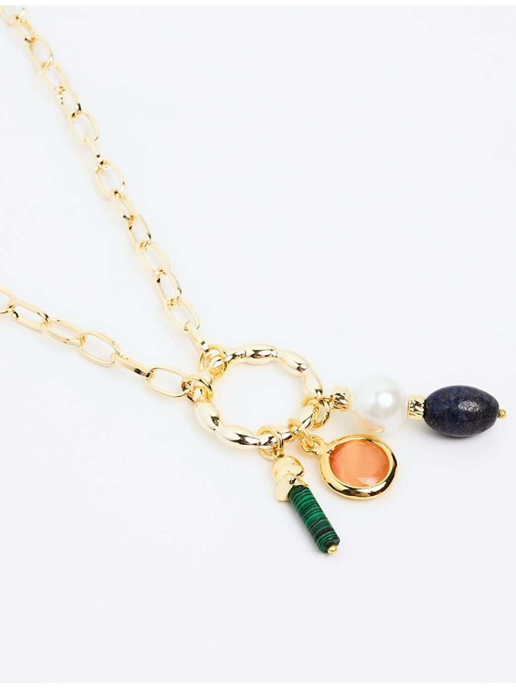 Sarı Altın Doğal Taşlı İnci Detaylı Zincir Kolye-1