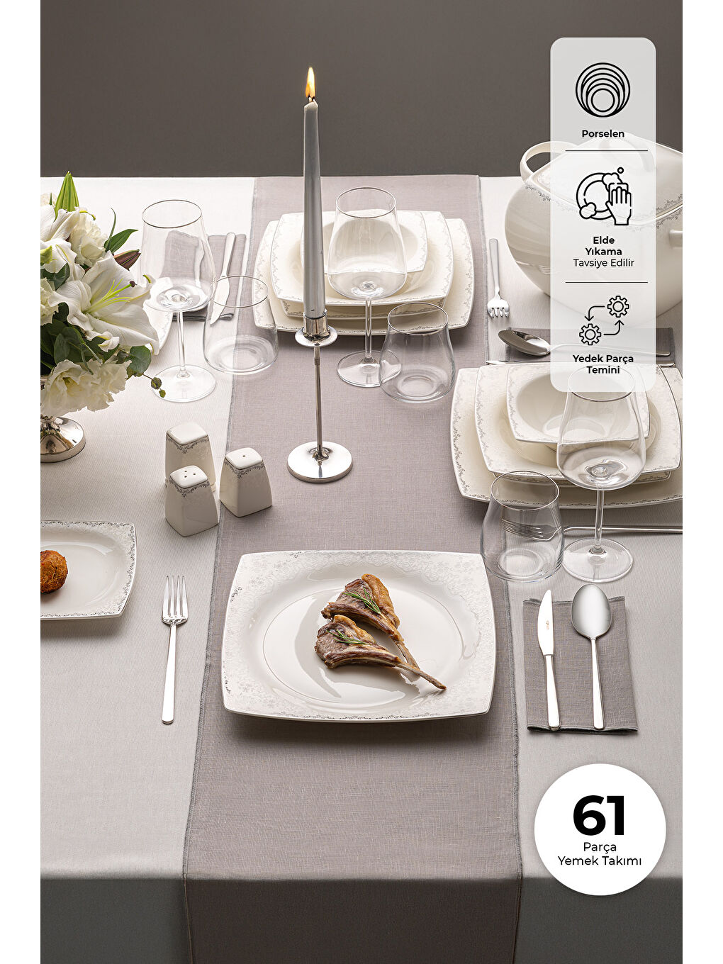 Beyaz Fine Bone Yeni Lotus 61 Parça 12 Kişilik Kare Yemek Takımı-3