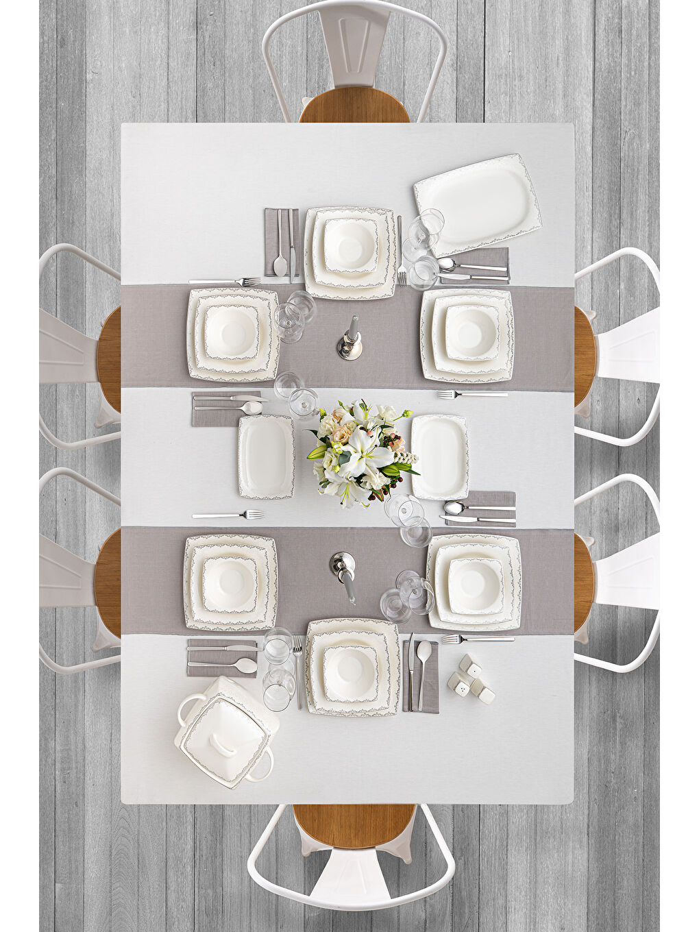 Beyaz Fine Bone Yeni Lotus 61 Parça 12 Kişilik Kare Yemek Takımı-5