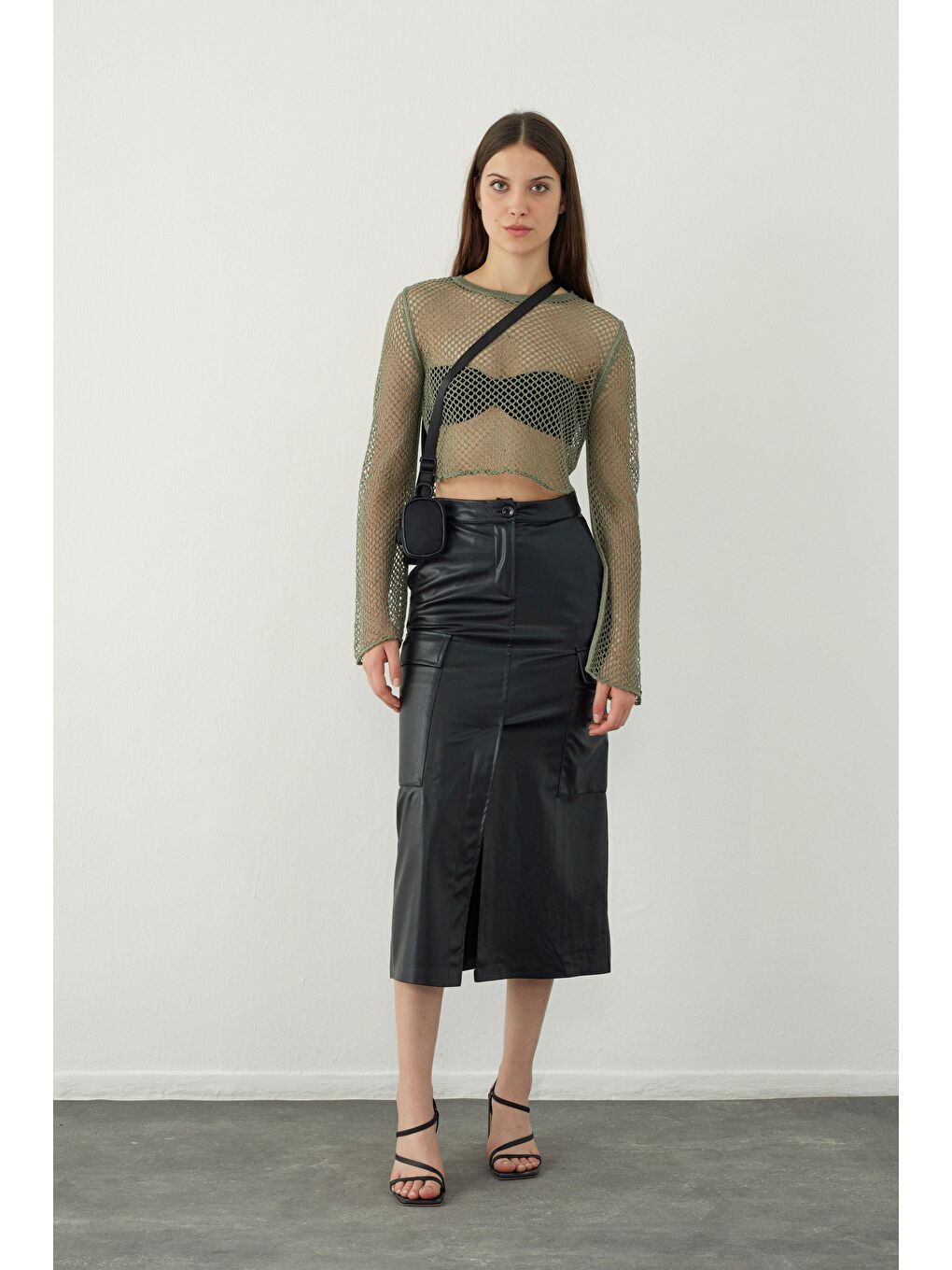 Yeşil File Örgü Simli Triko Kazak-1