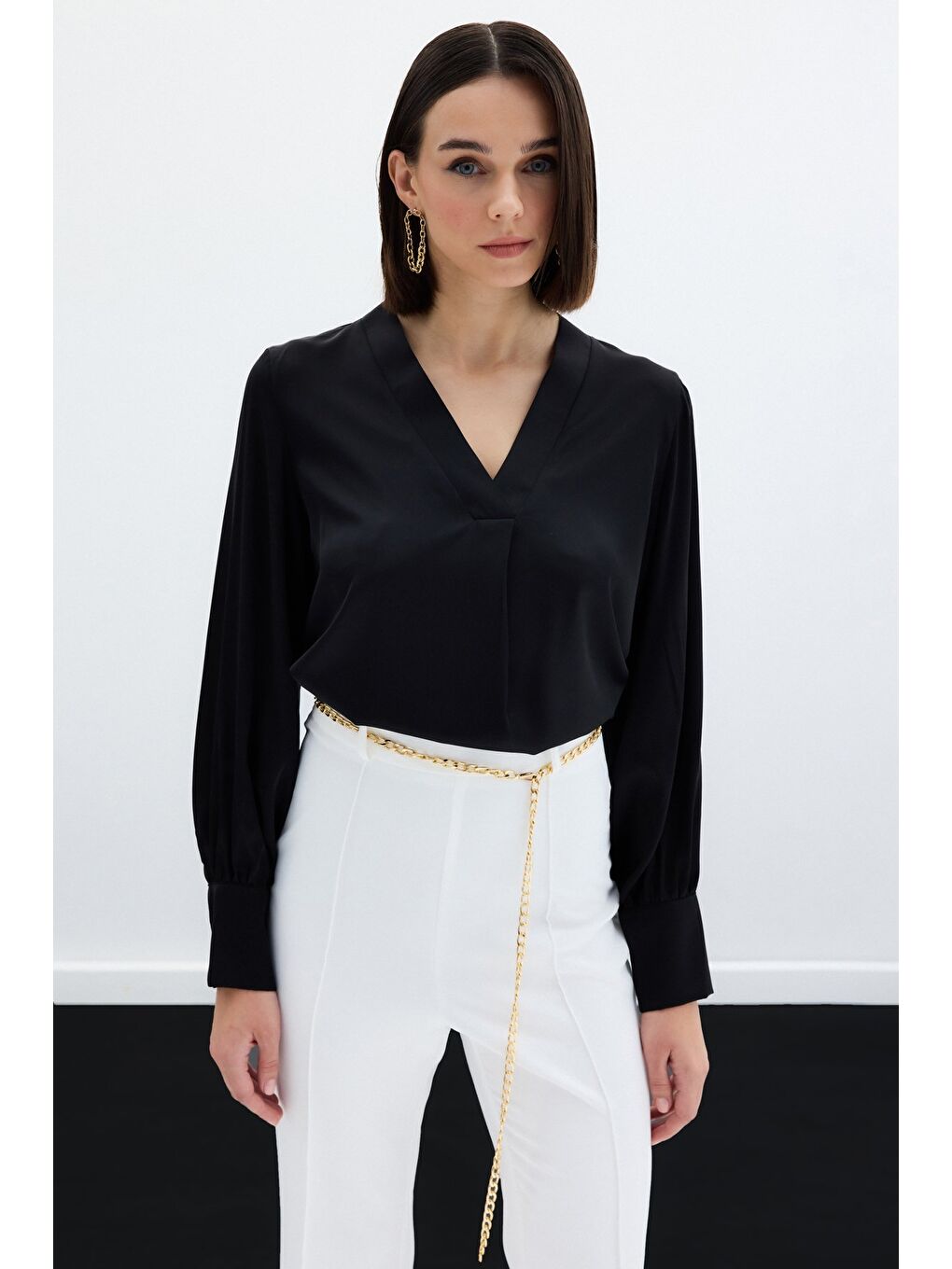 V Yaka Saten Bluz - Siyah-4