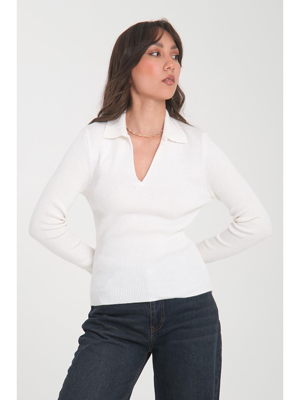 Ekru Polo Yaka Kazak-1