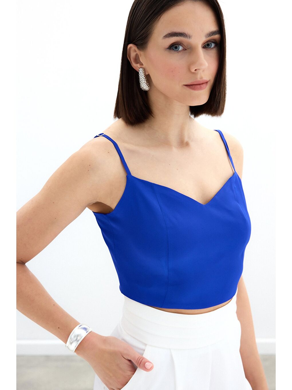 İp Askılı Saten Crop Bluz - Sax Mavi