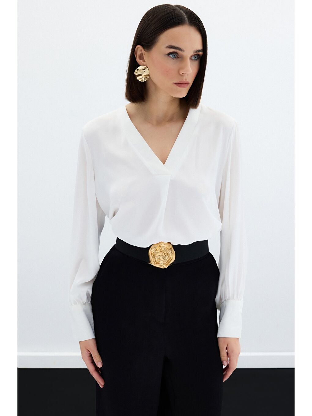 V Yaka Saten Bluz - Ekru-2