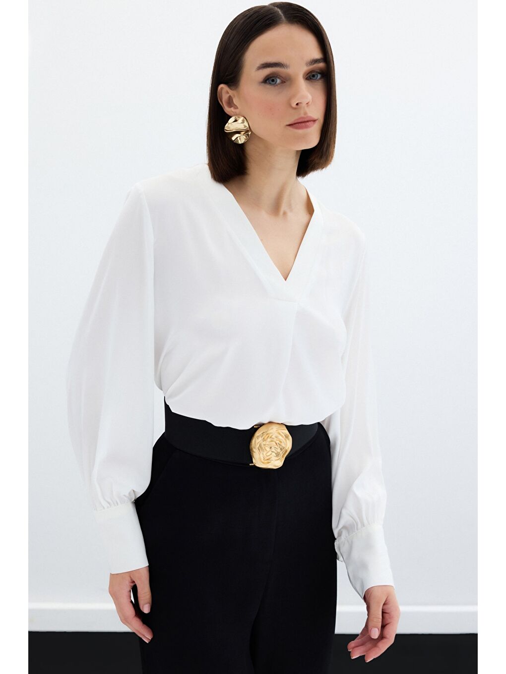 V Yaka Saten Bluz - Ekru-3