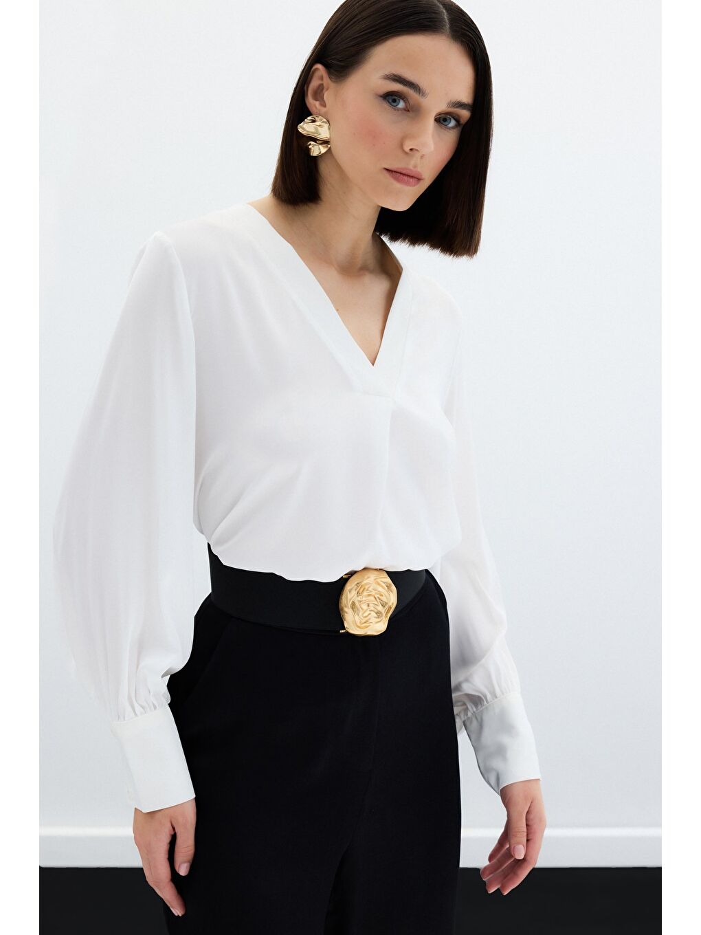 V Yaka Saten Bluz - Ekru-4