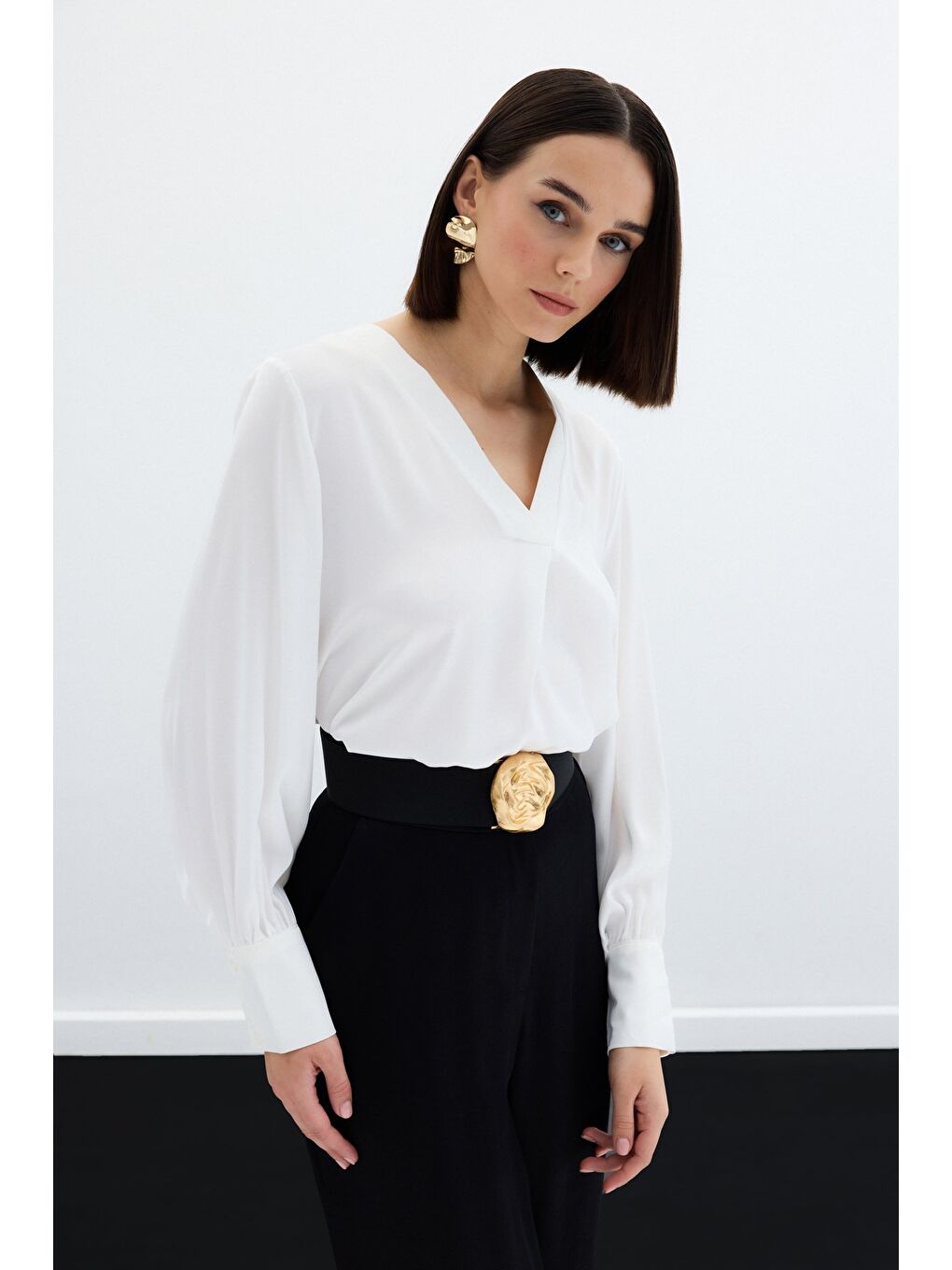 V Yaka Saten Bluz - Ekru-6