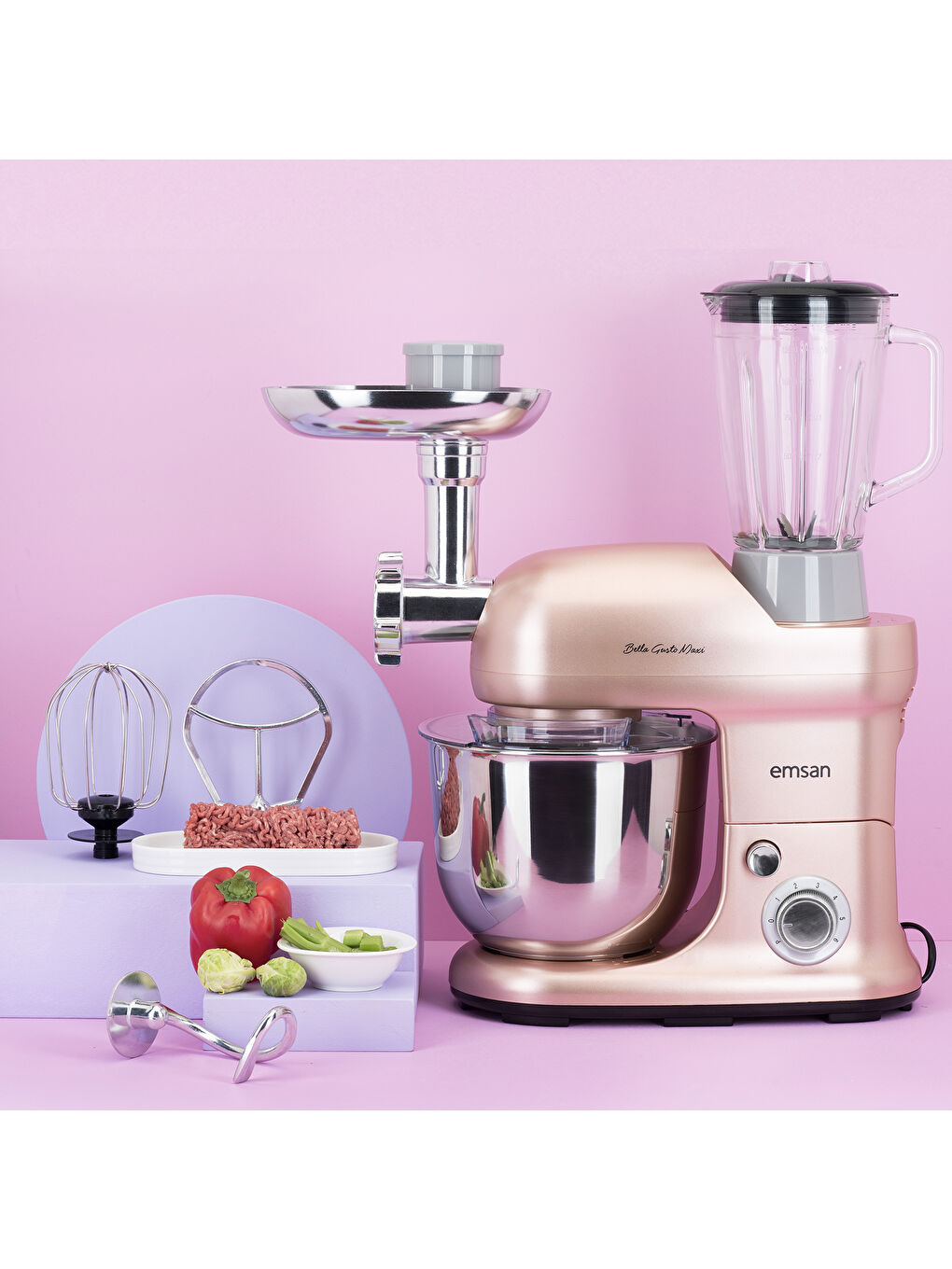 Bella Gusto Maxi Golden Pink Kıyma Çekme Sucuk-Sosis Hamur Yoğurma Makinesi 1300W 5L-4