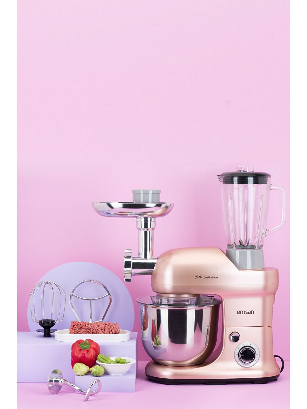 Bella Gusto Maxi Golden Pink Kıyma Çekme Sucuk-Sosis Hamur Yoğurma Makinesi 1300W 5L-1