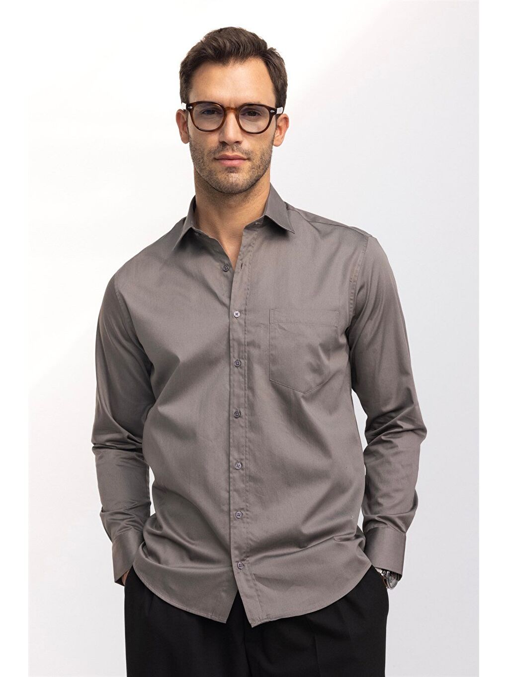 Erkek Regular Fit Klasik Kesim Pamuk Saten, Gri %100 Pamuk Gömlek