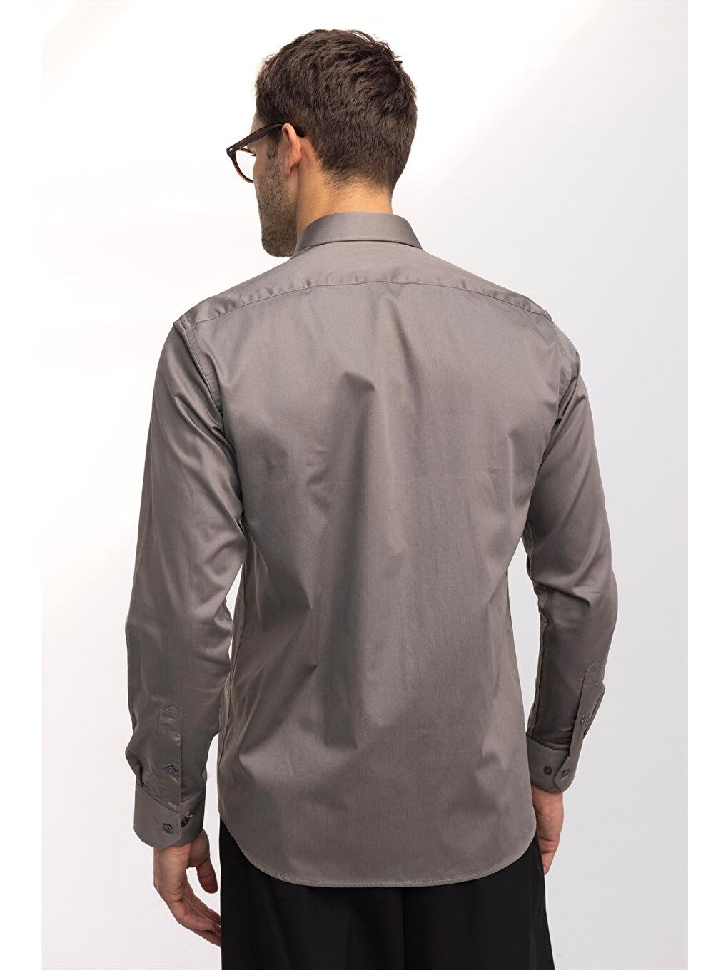 Erkek Regular Fit Klasik Kesim Pamuk Saten, Gri %100 Pamuk Gömlek-3