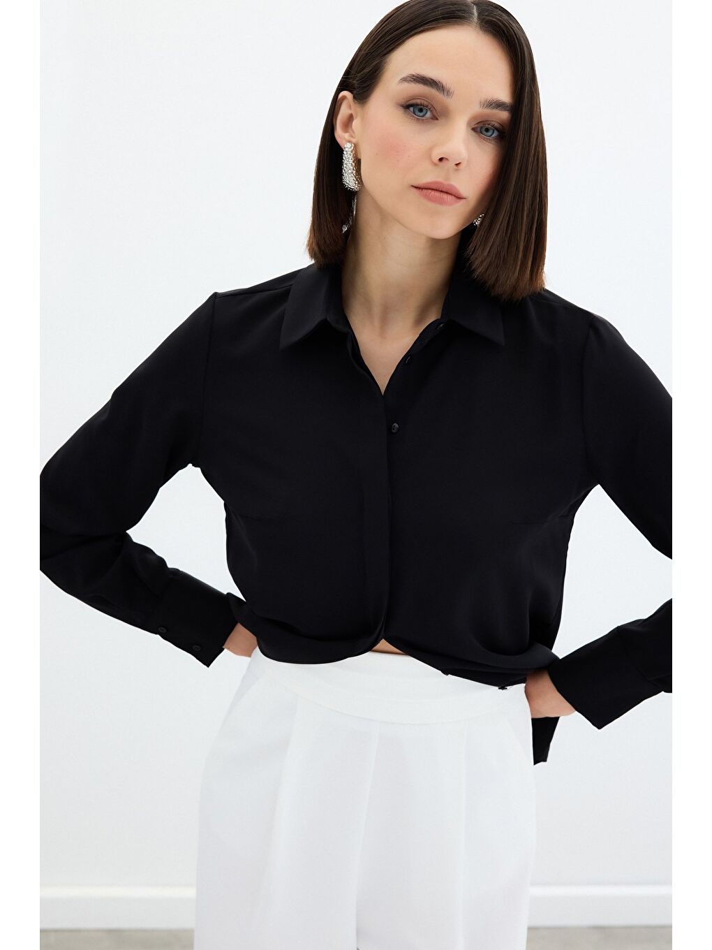 Klasik Düz Gömlek - Siyah-4