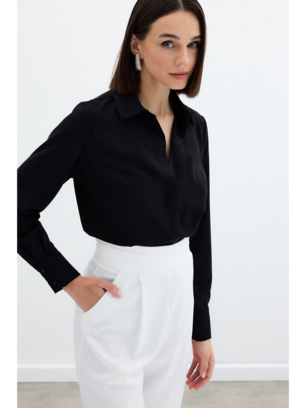 Klasik Düz Gömlek - Siyah-5