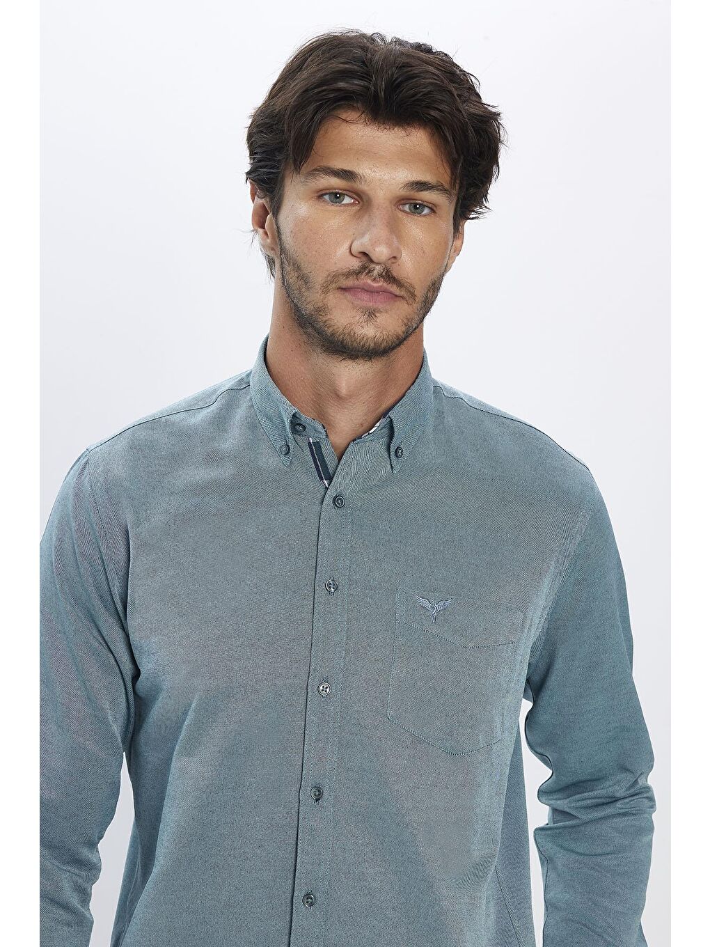 Erkek Regular Fit Klasik Kesim Pamuklu Oxford Doku Tek Cepli Yeşil Düğmeli Yaka Gömlek-1