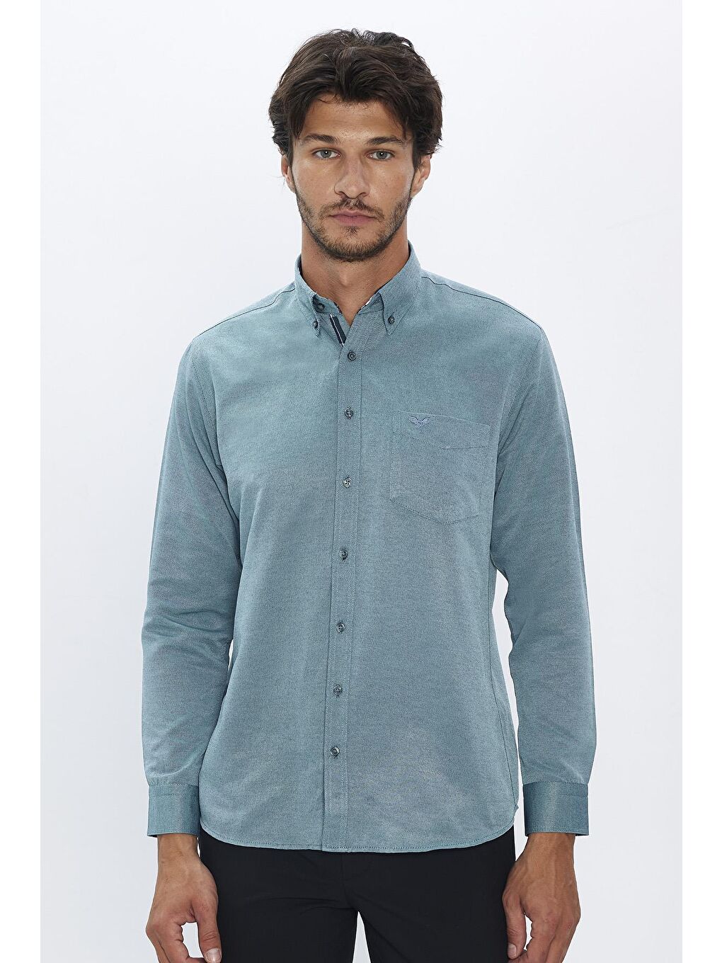 Erkek Regular Fit Klasik Kesim Pamuklu Oxford Doku Tek Cepli Yeşil Düğmeli Yaka Gömlek-3