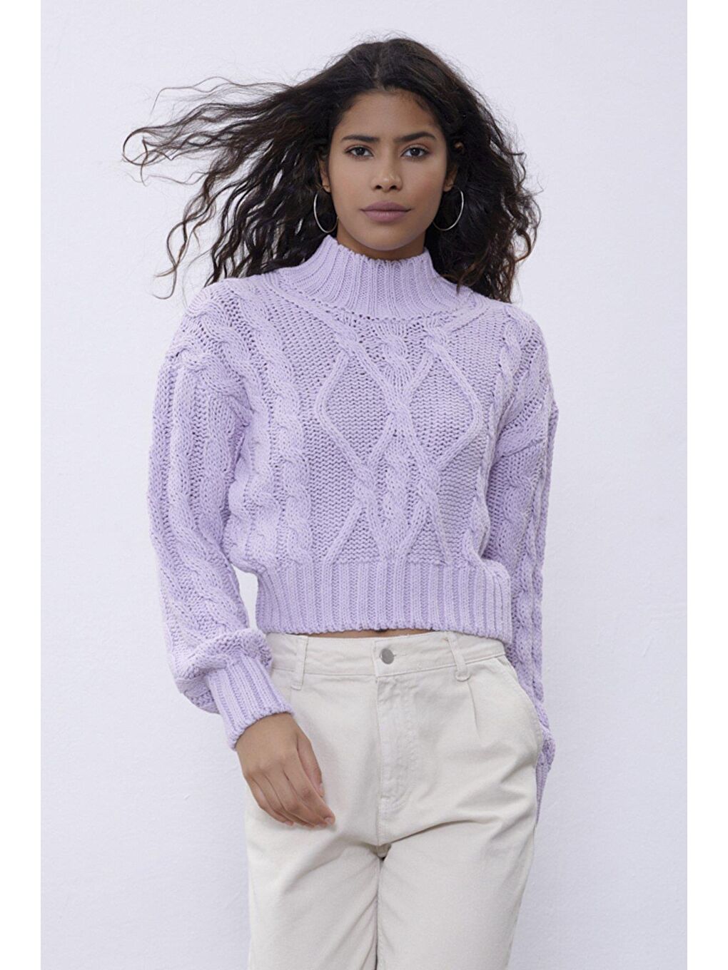 Lila Örgü Desenli Kısa Kazak