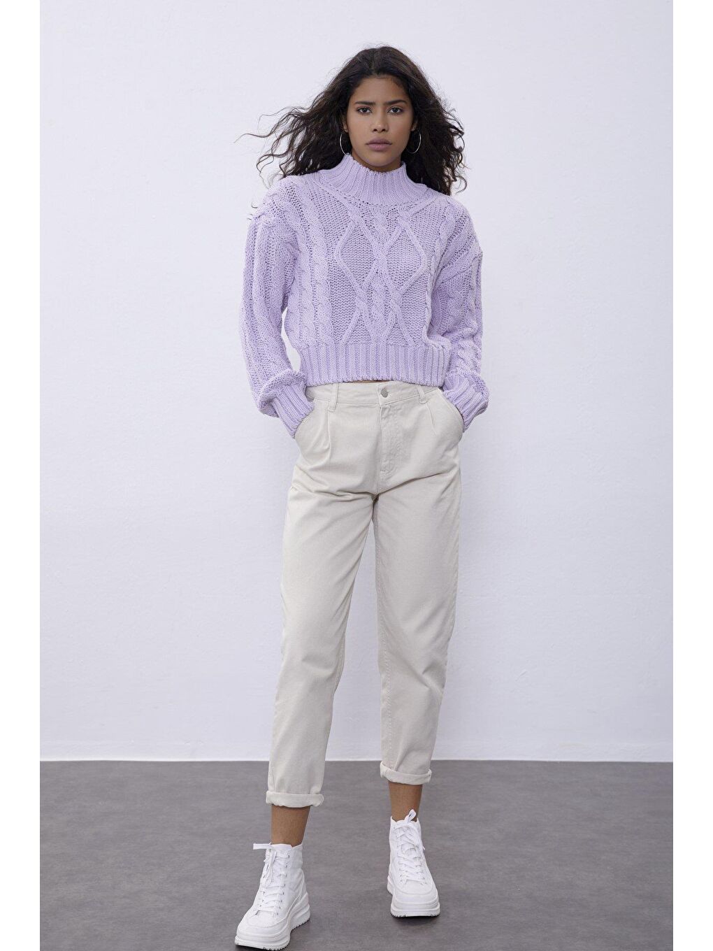 Lila Örgü Desenli Kısa Kazak-1