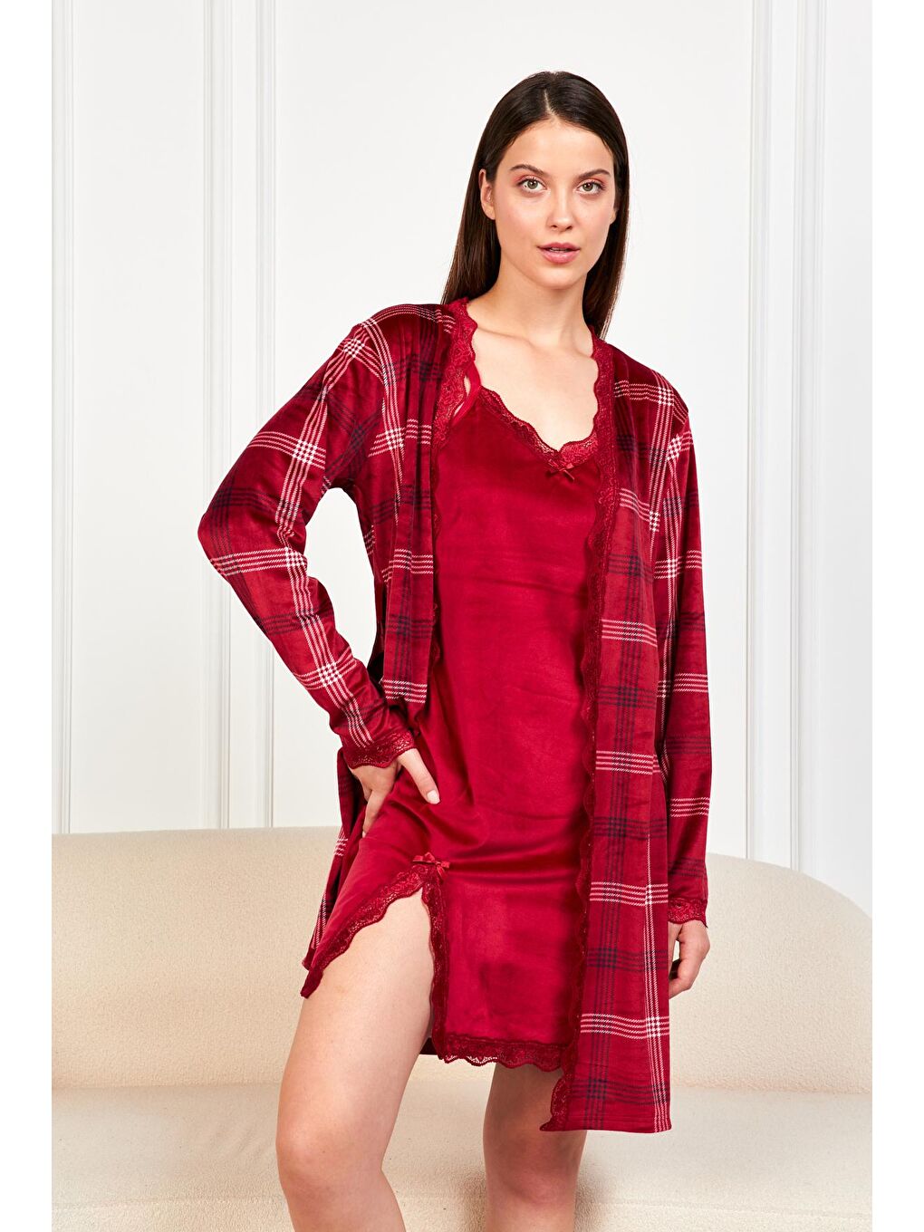 Kadın Bordo Askılı Gecelik Ekose Sabahlıklı FR Kadife 2Li Takım PJM-1