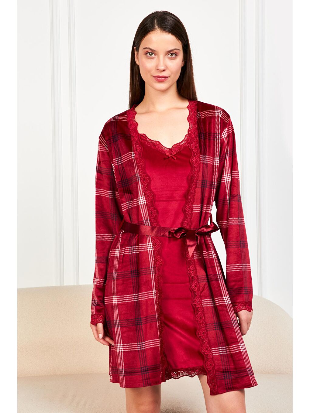 Kadın Bordo Askılı Gecelik Ekose Sabahlıklı FR Kadife 2Li Takım PJM-2