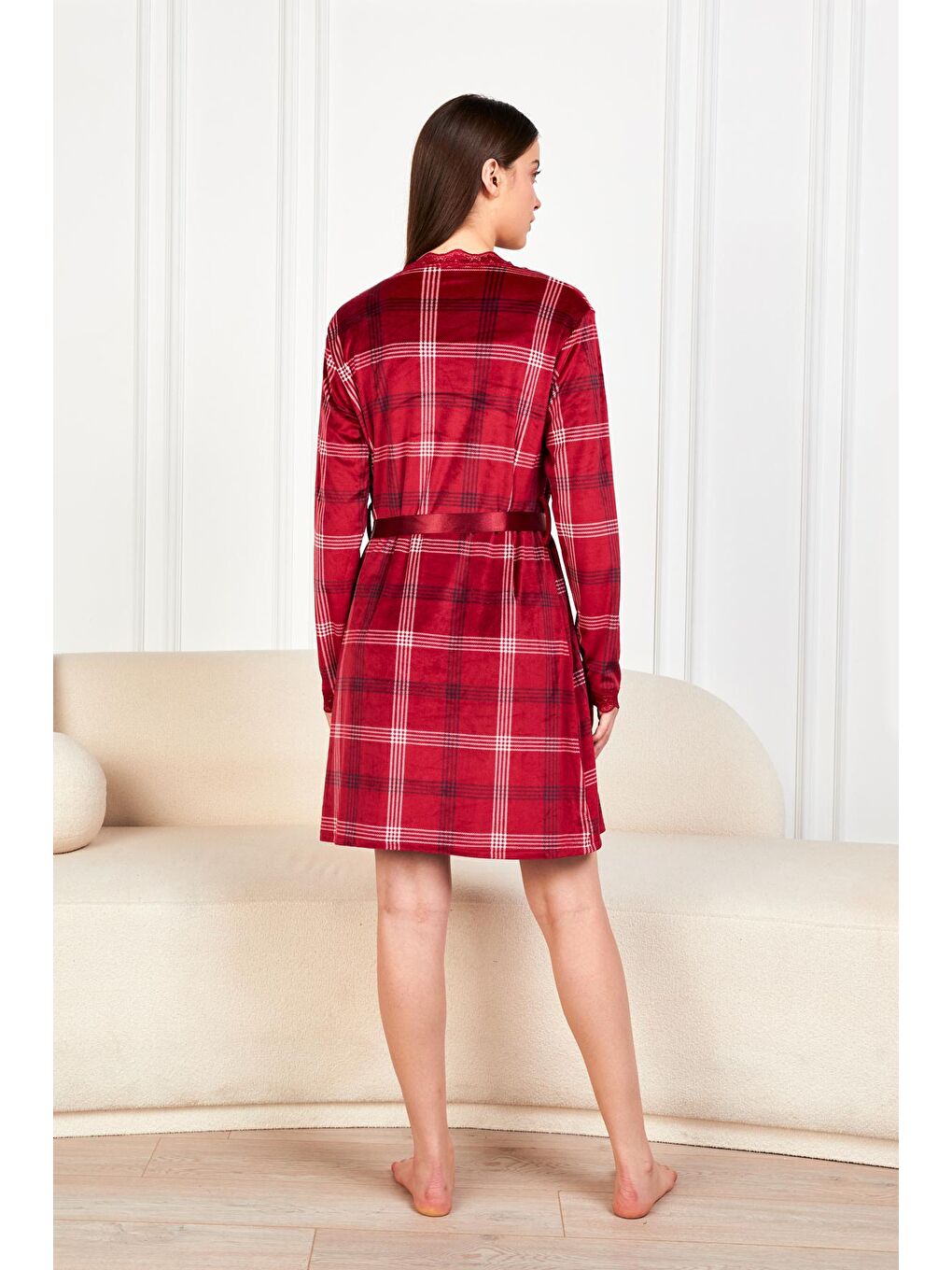 Kadın Bordo Askılı Gecelik Ekose Sabahlıklı FR Kadife 2Li Takım PJM-3