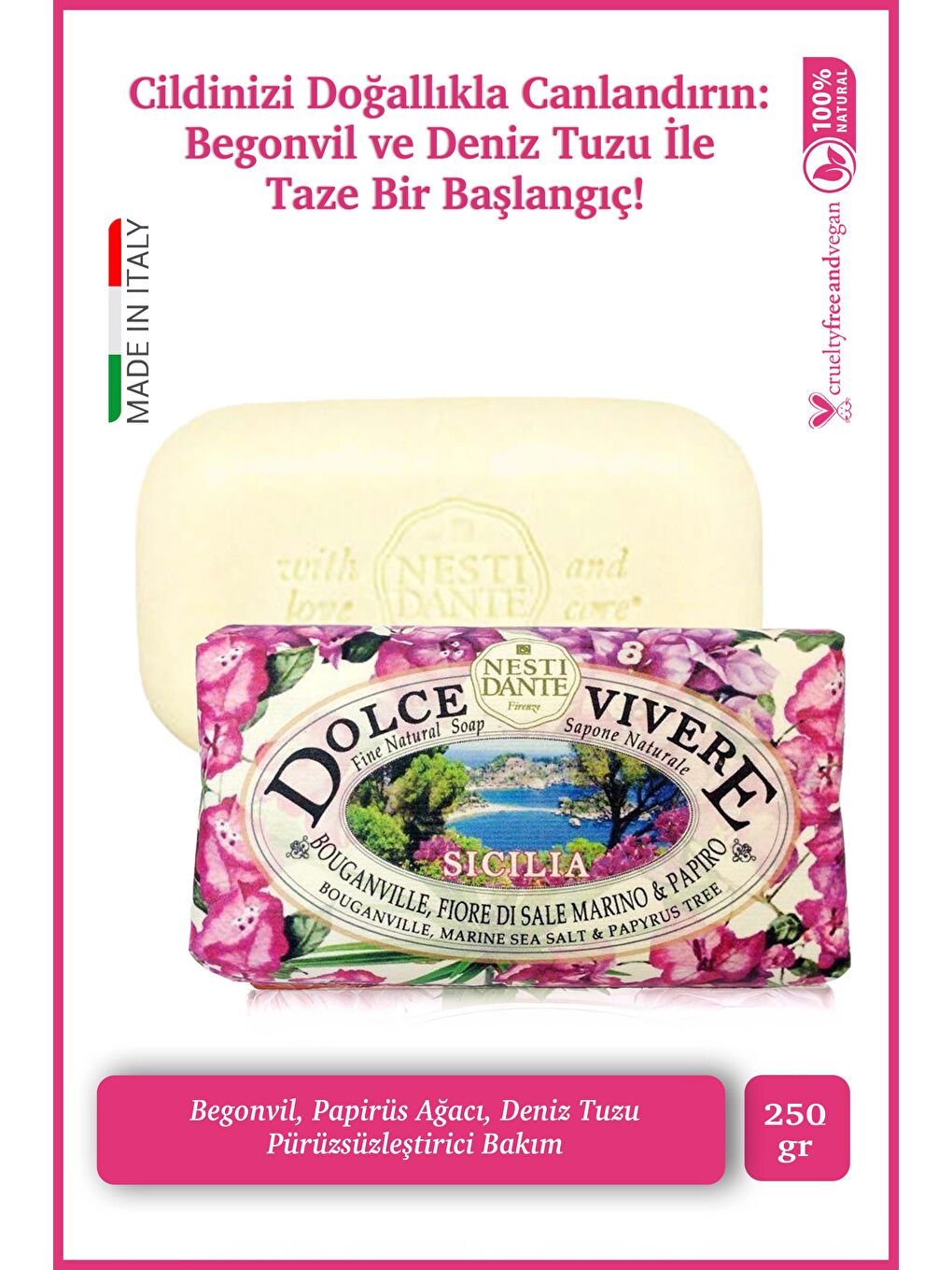 Dolce Vivere Scilia Katı Sabun 250 gr | Sıkılaştırıcı ve Nemlendirici |Begonvil, Deniz T