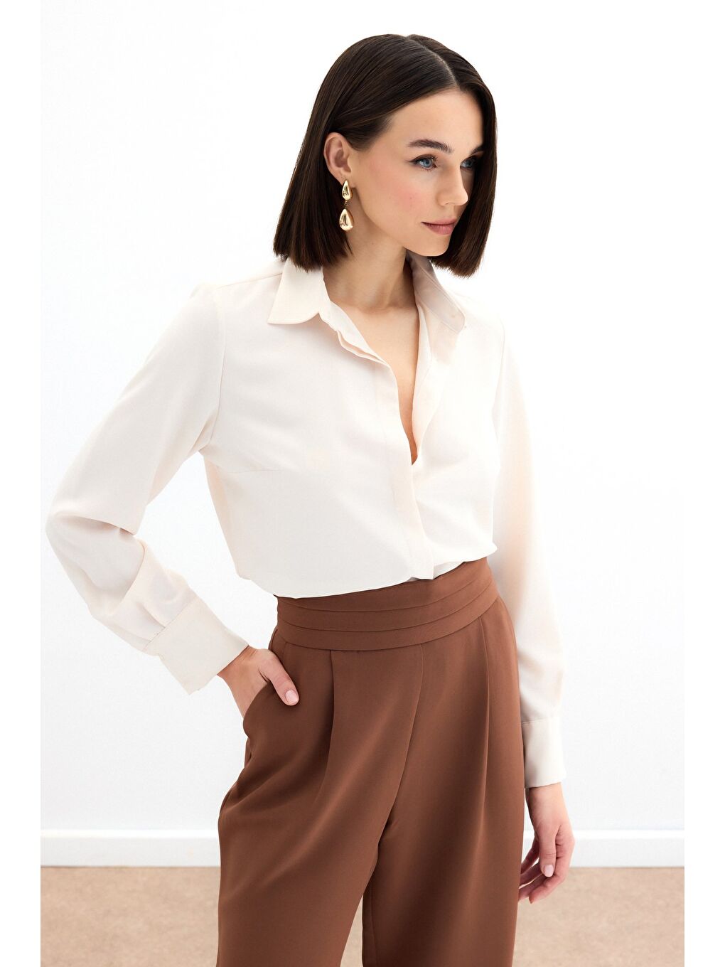 Klasik Düz Gömlek - Bej-4