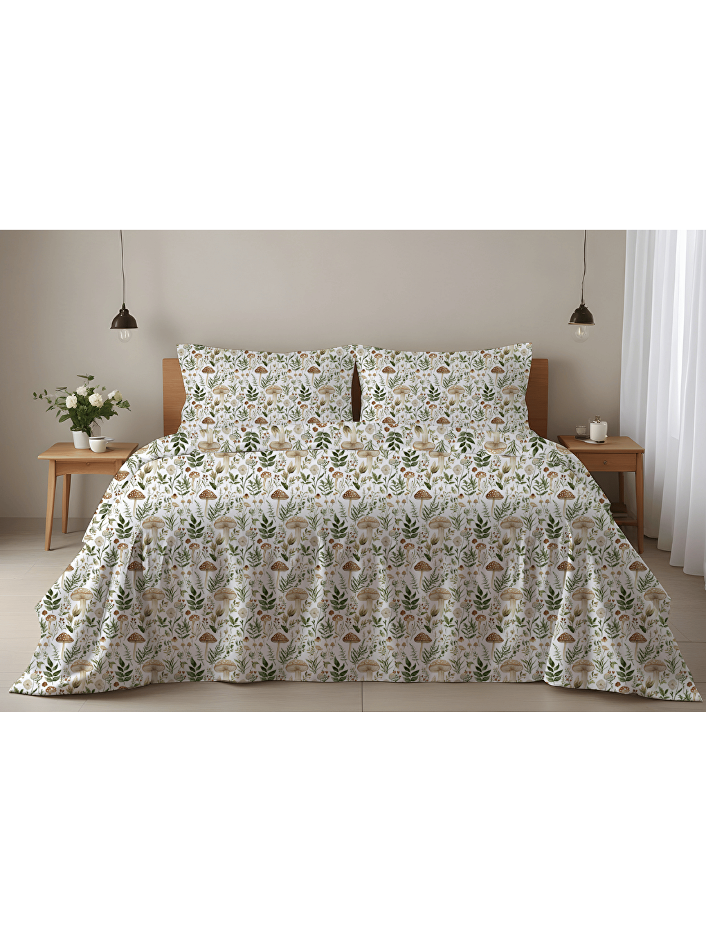 Ekru Mantar ve Botanik Desenli Çift Kişilik Nevresim Takımı 200x220cm