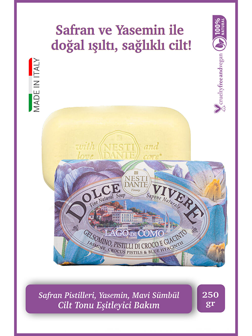 Dolce Vivere Laga Di Como Katı Sabun 250 gr | Cilt Tonu Eşitleyici | Safran, Yasemin